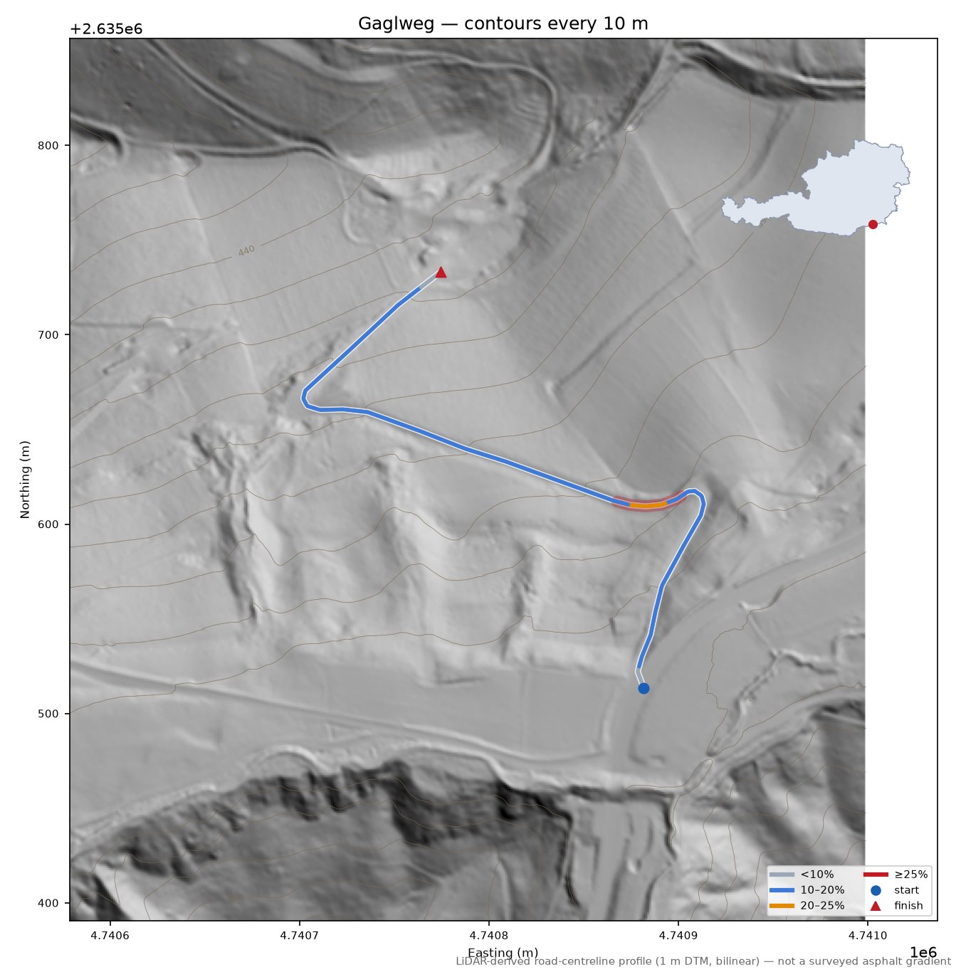 Gaglweg LiDAR hillshade map with contours