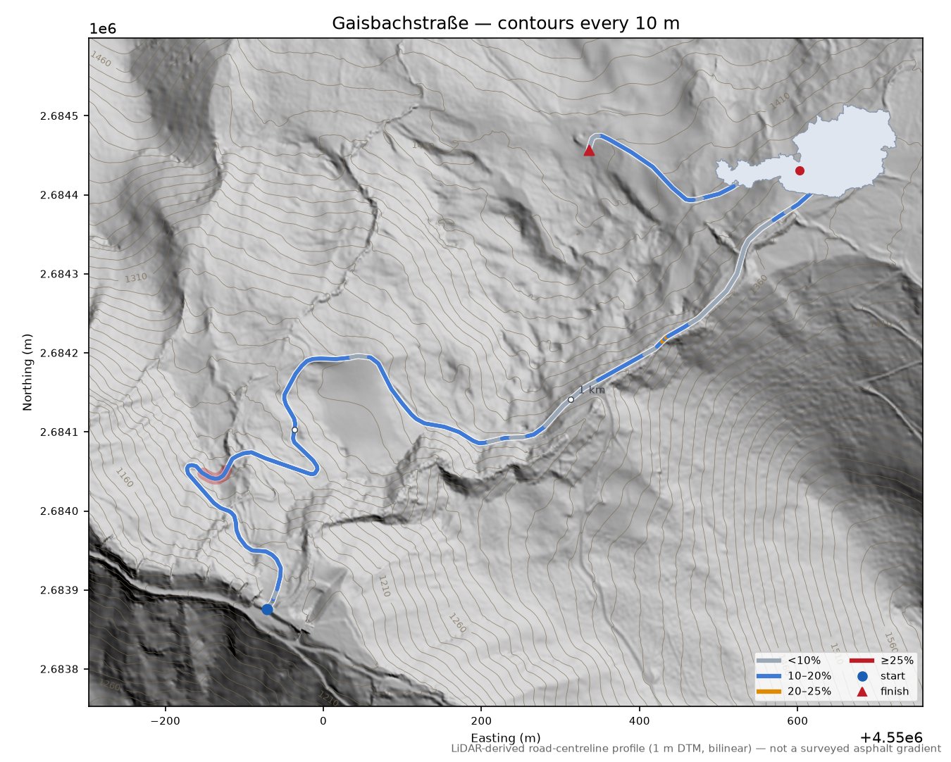 Gaisbachstraße LiDAR hillshade map with contours