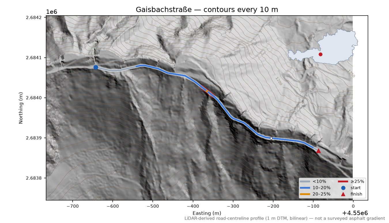 Gaisbachstraße LiDAR hillshade map with contours