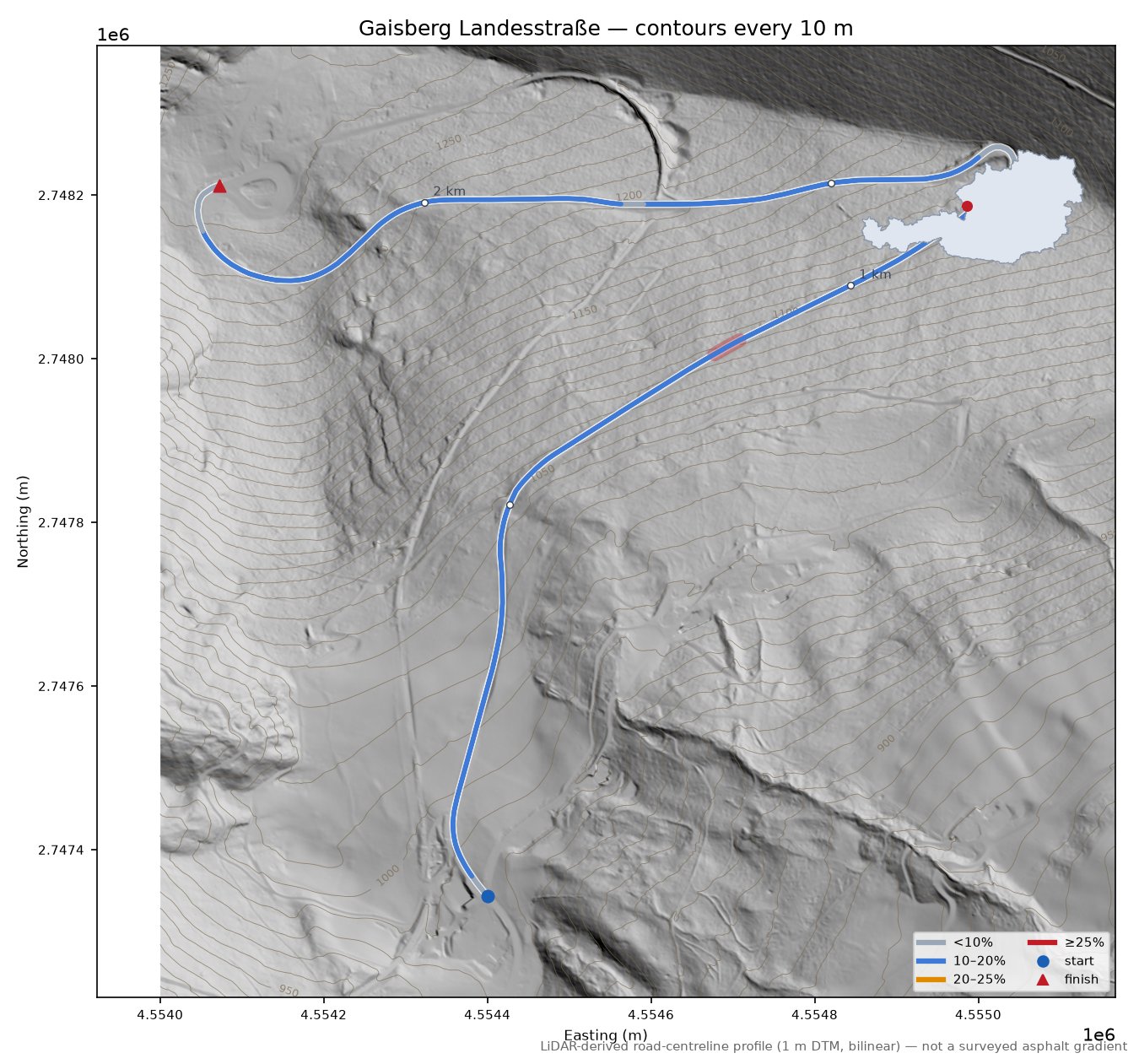 Gaisberg Landesstraße LiDAR hillshade map with contours
