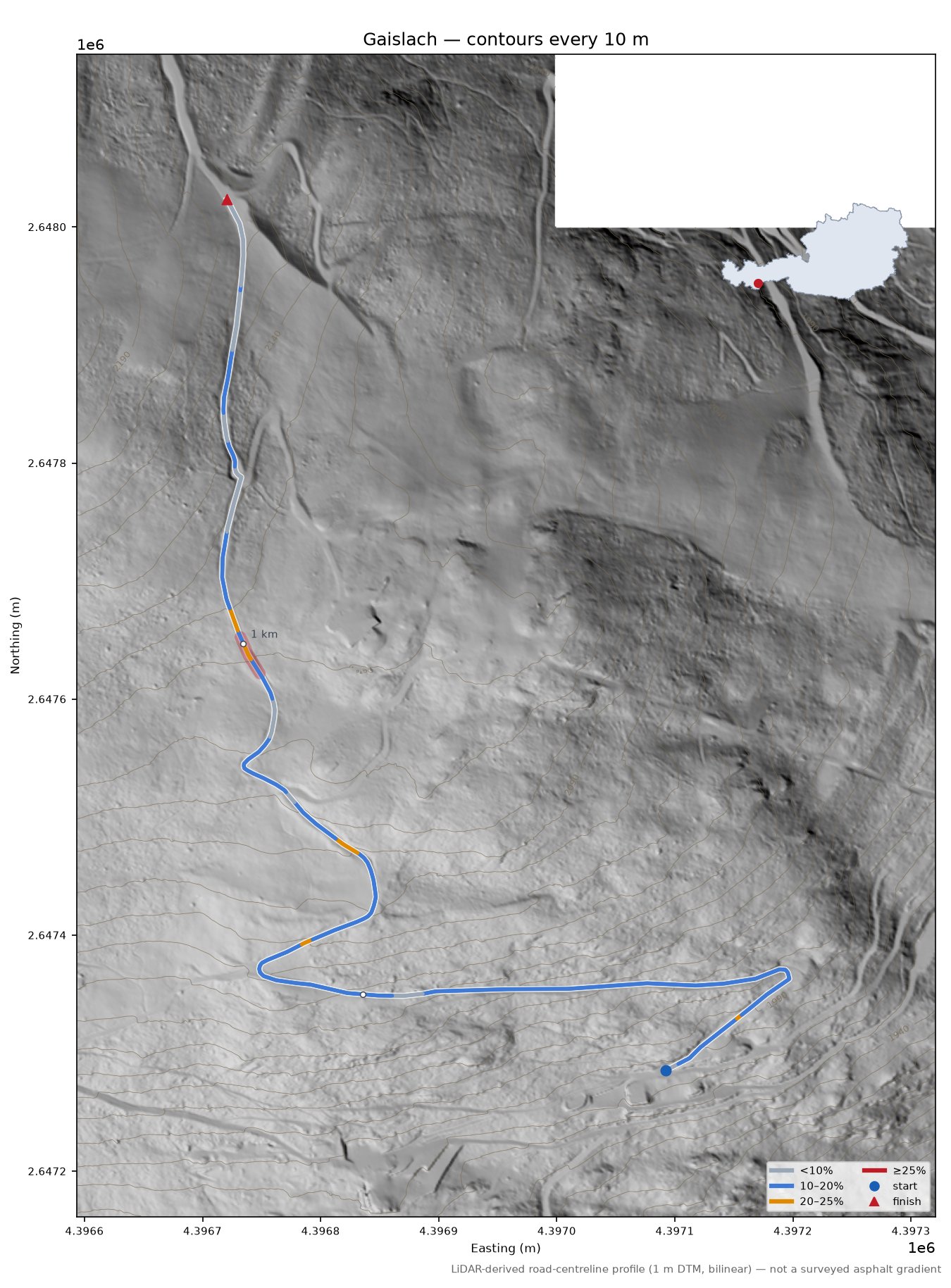 Gaislach LiDAR hillshade map with contours