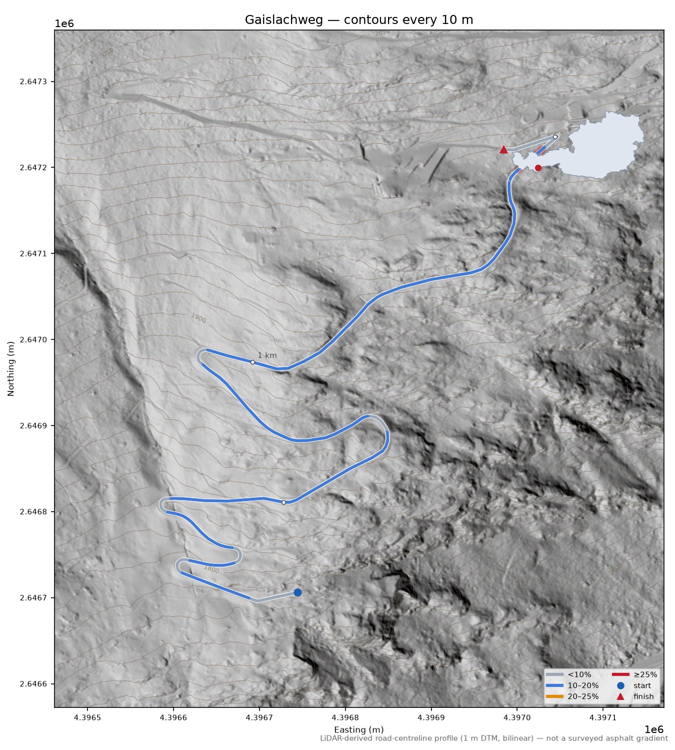 Gaislachweg LiDAR hillshade map with contours