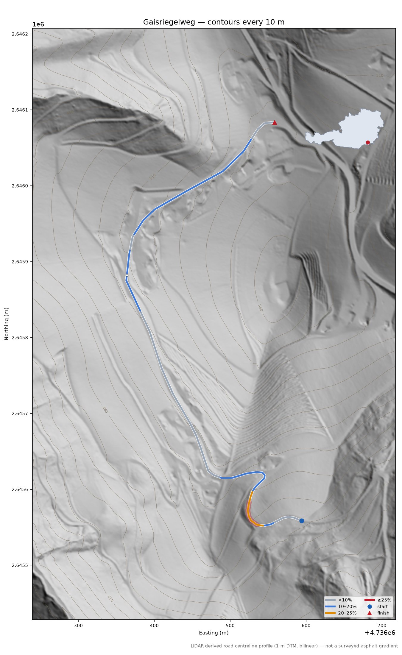 Gaisriegelweg LiDAR hillshade map with contours