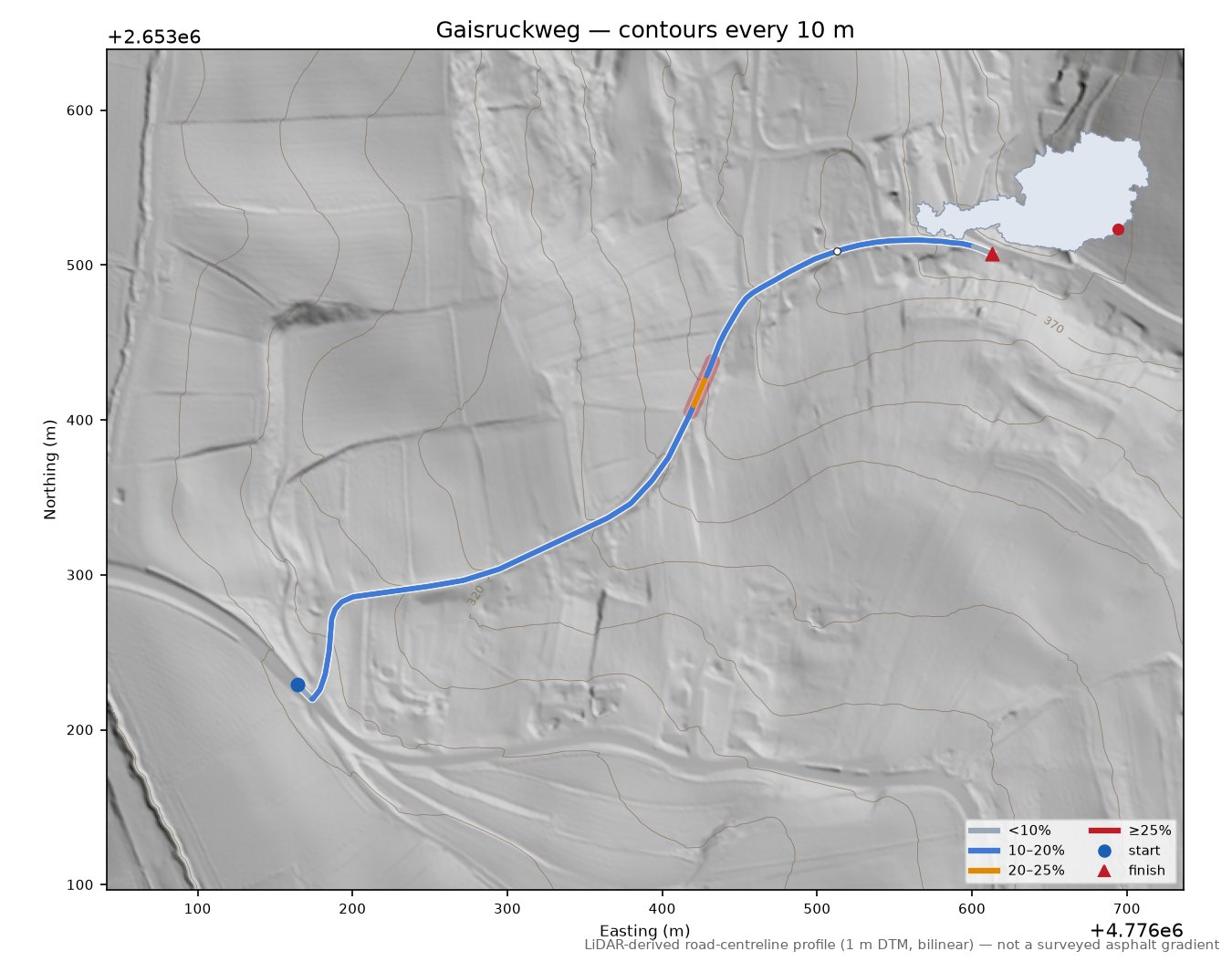 Gaisruckweg LiDAR hillshade map with contours