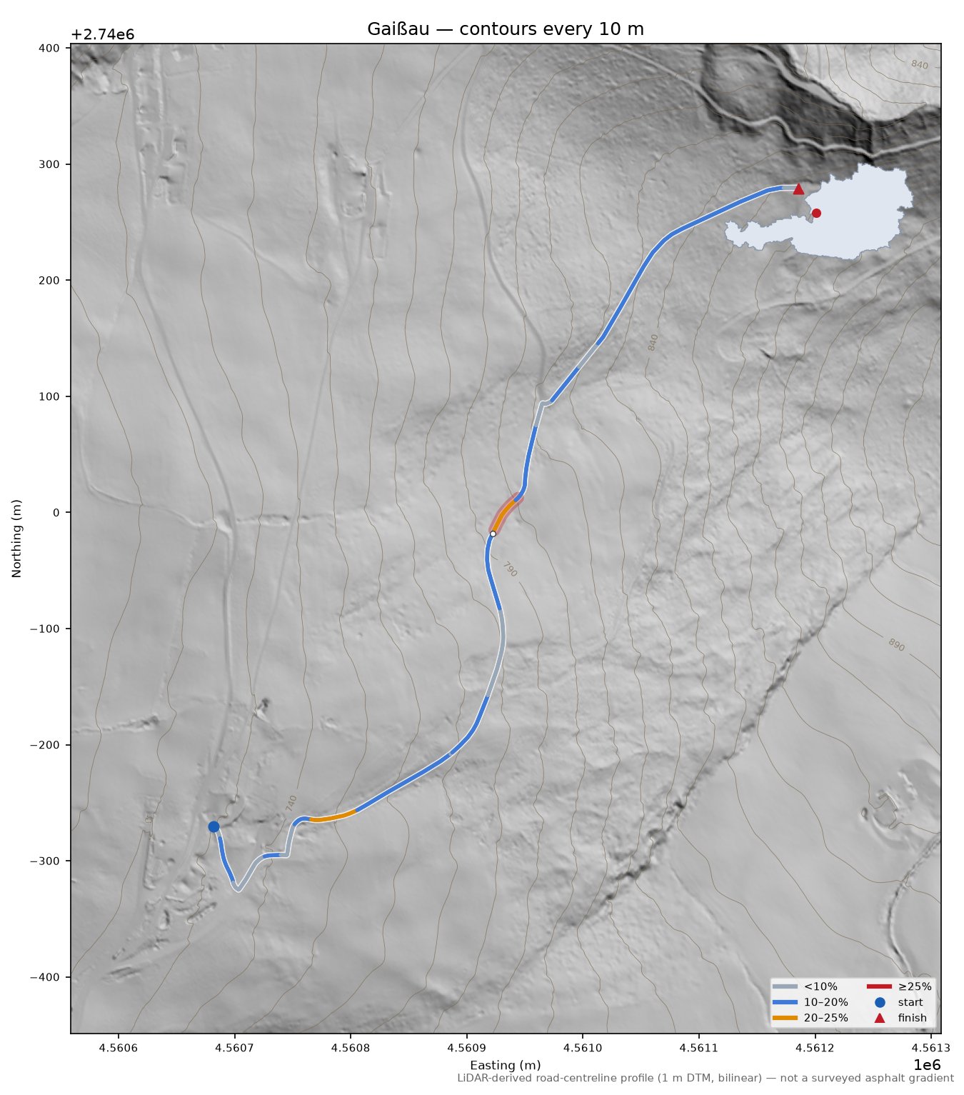 Gaißau LiDAR hillshade map with contours