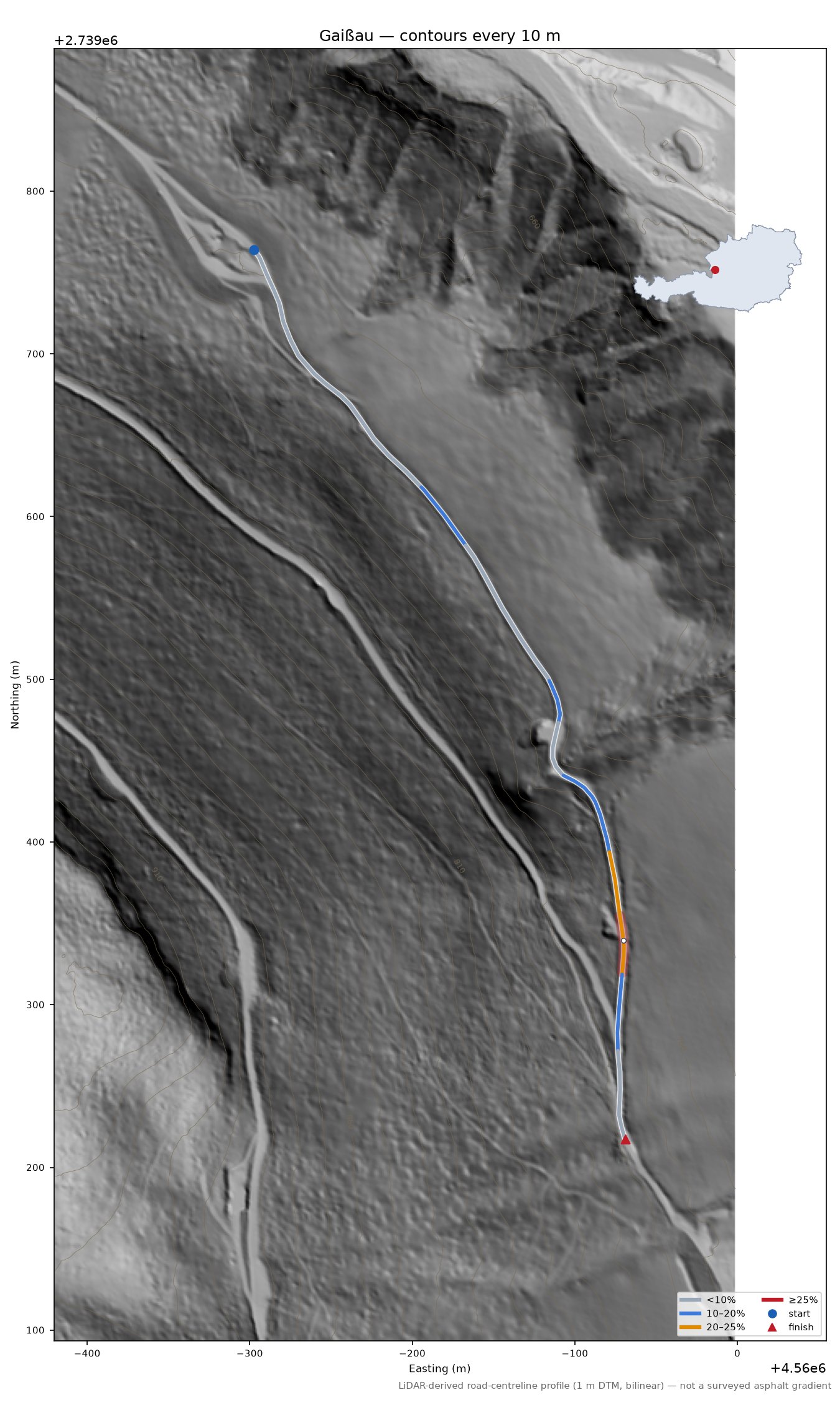 Gaißau LiDAR hillshade map with contours