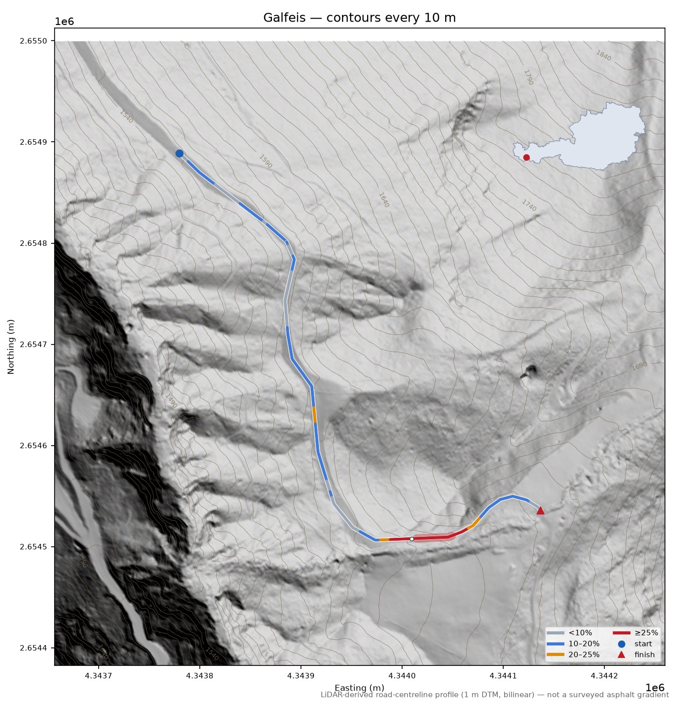 Galfeis LiDAR hillshade map with contours