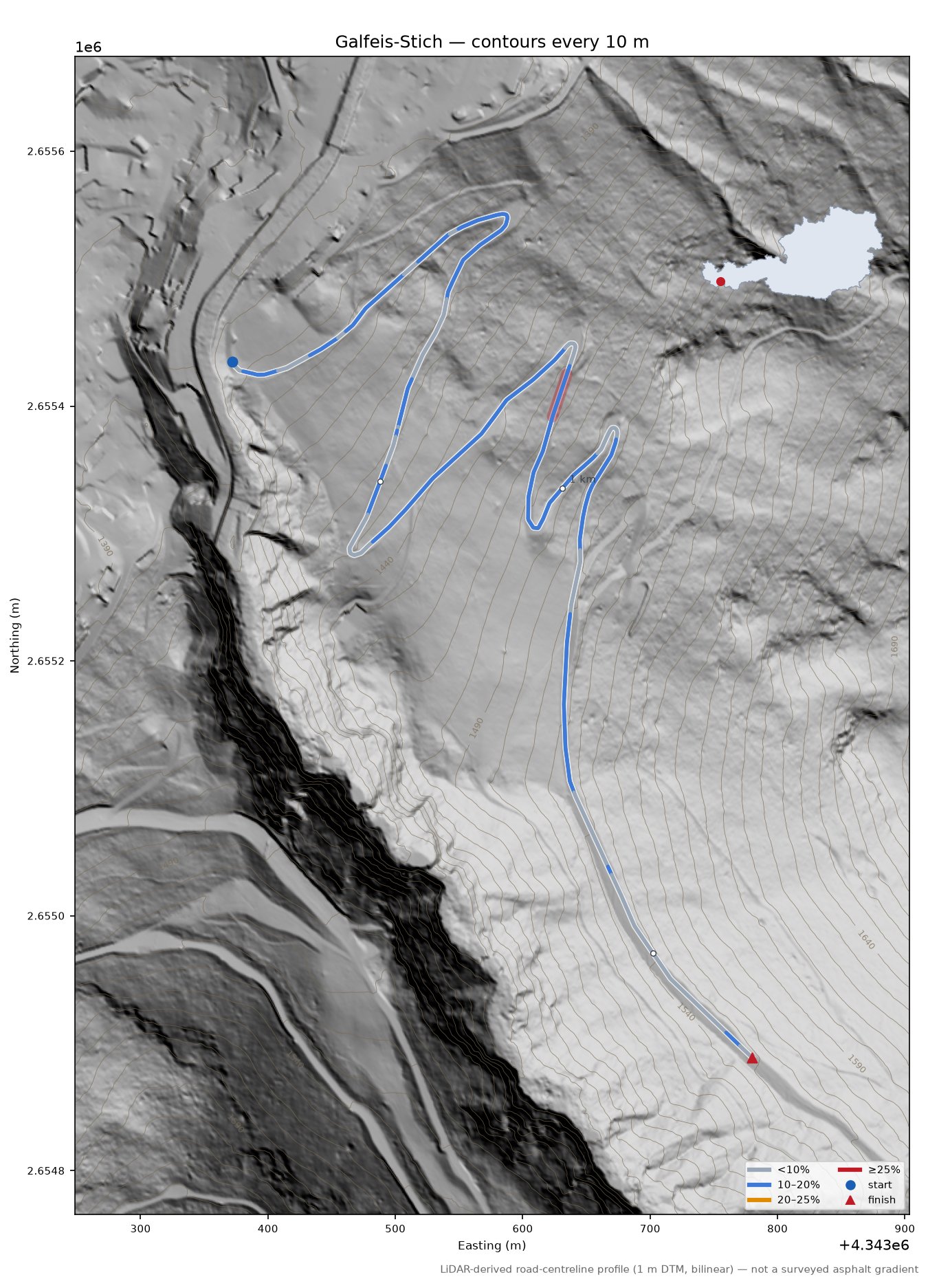 Galfeis-Stich LiDAR hillshade map with contours