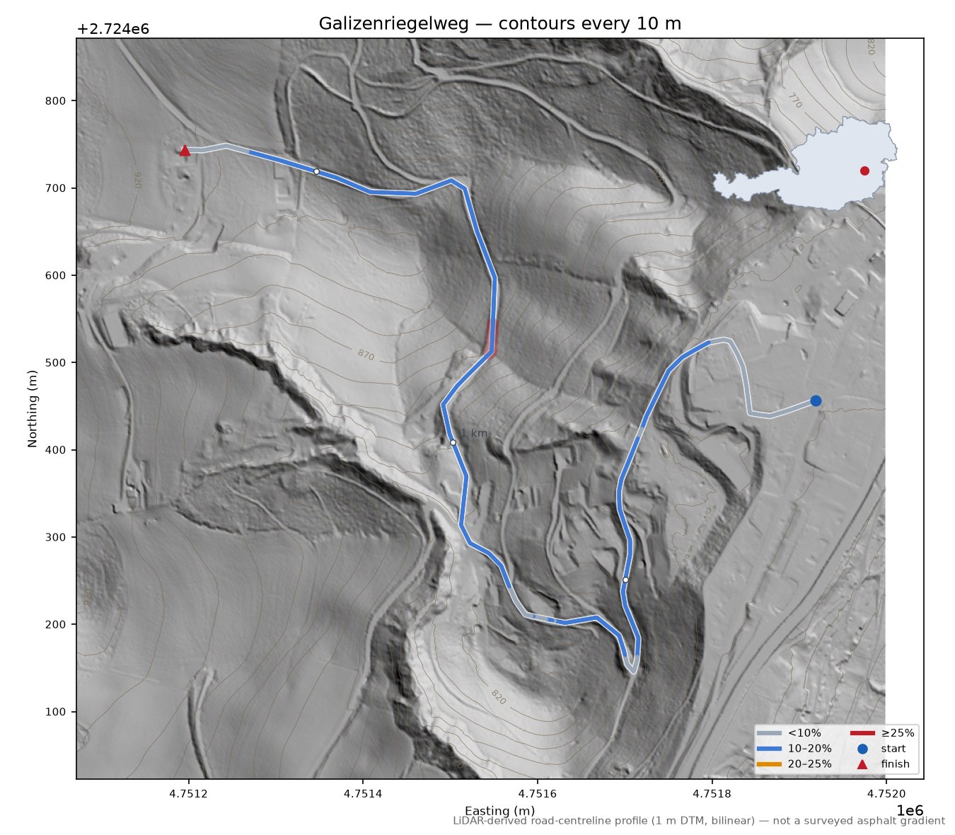 Galizenriegelweg LiDAR hillshade map with contours