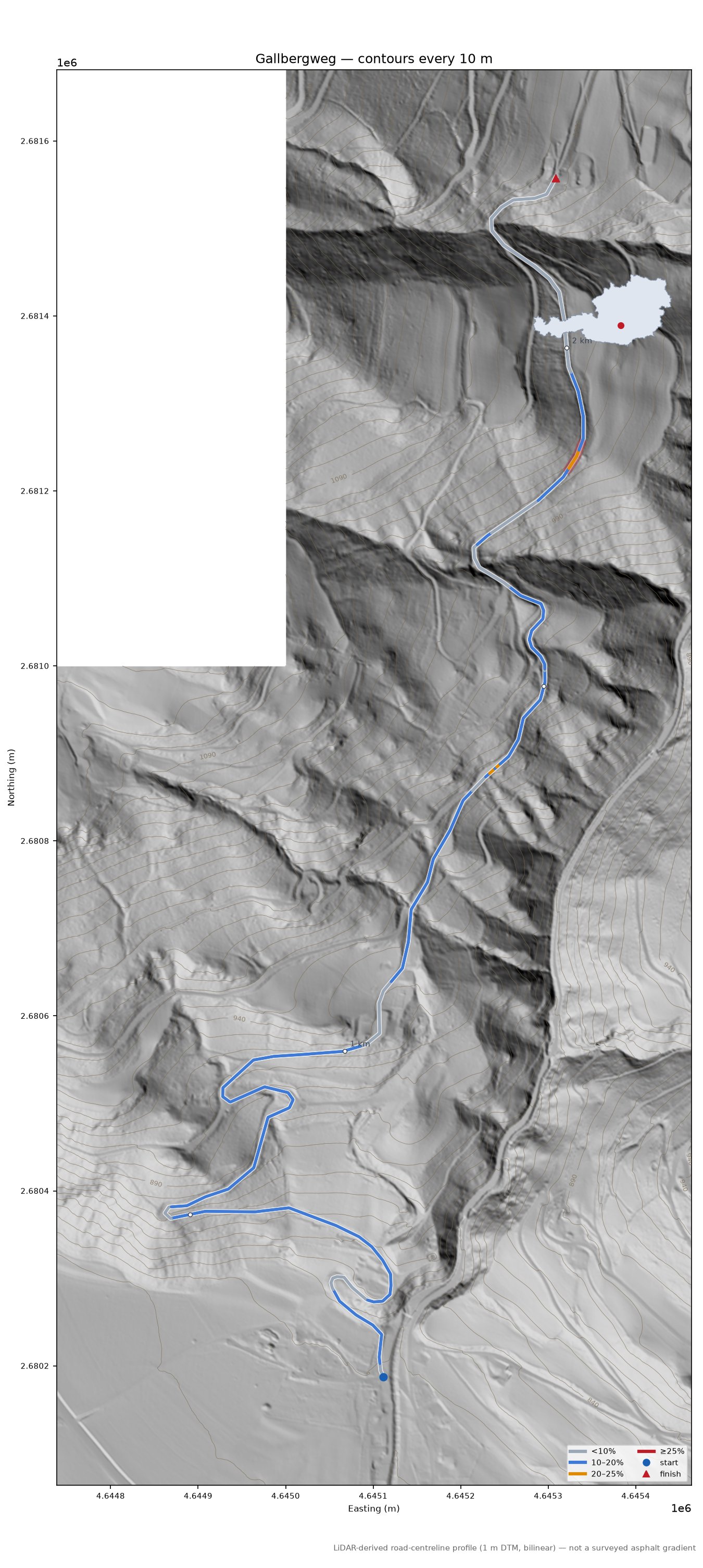Gallbergweg LiDAR hillshade map with contours