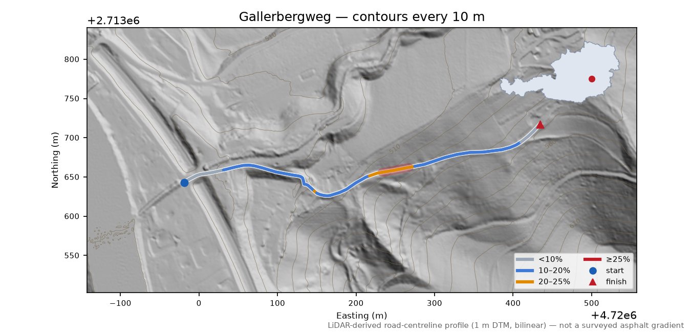 Gallerbergweg LiDAR hillshade map with contours