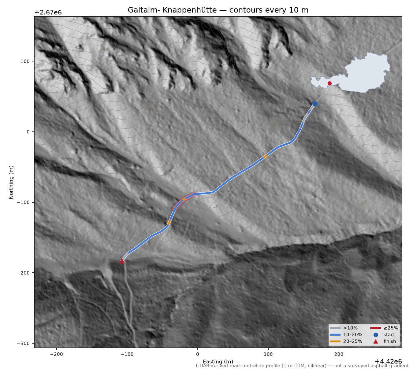 Galtalm- Knappenhütte LiDAR hillshade map with contours