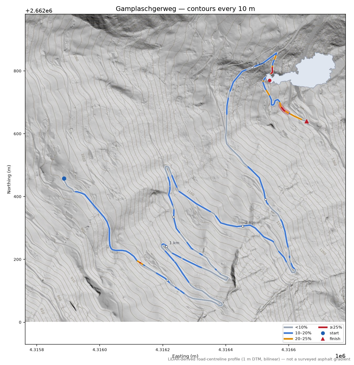 Gamplaschgerweg LiDAR hillshade map with contours