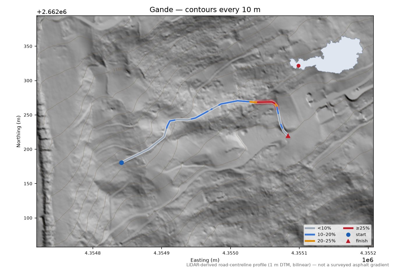 Gande LiDAR hillshade map with contours
