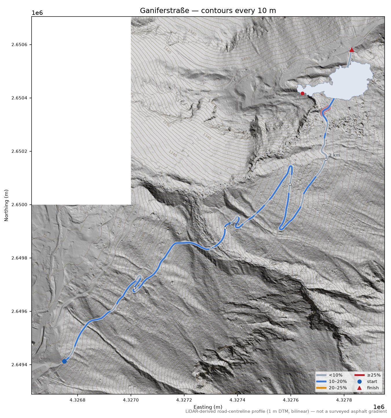 Ganiferstraße LiDAR hillshade map with contours