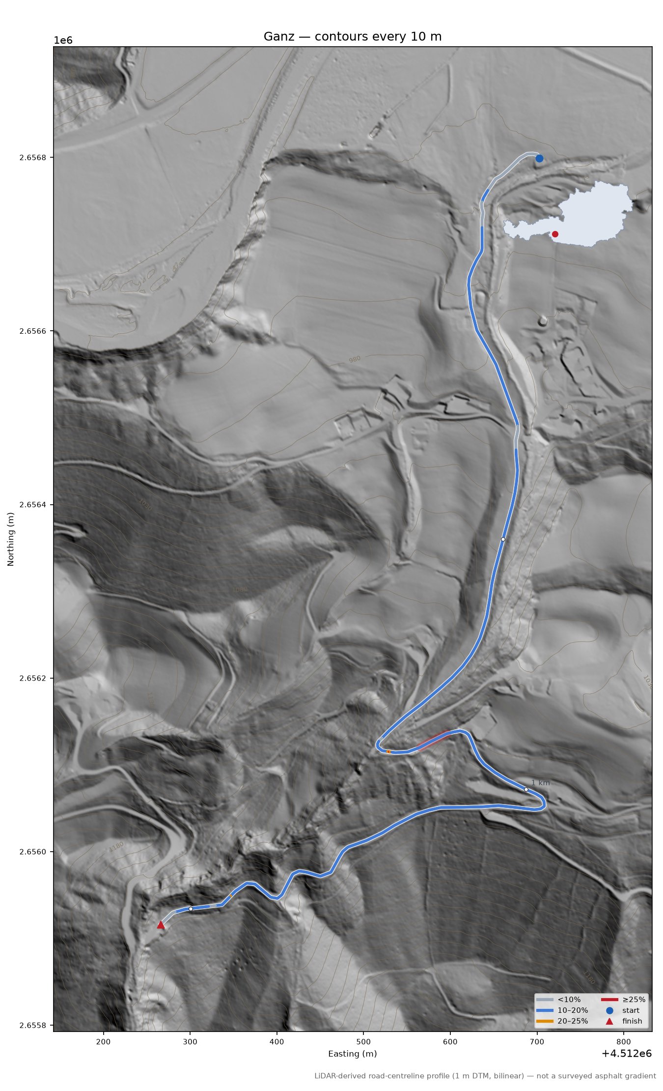 Ganz LiDAR hillshade map with contours
