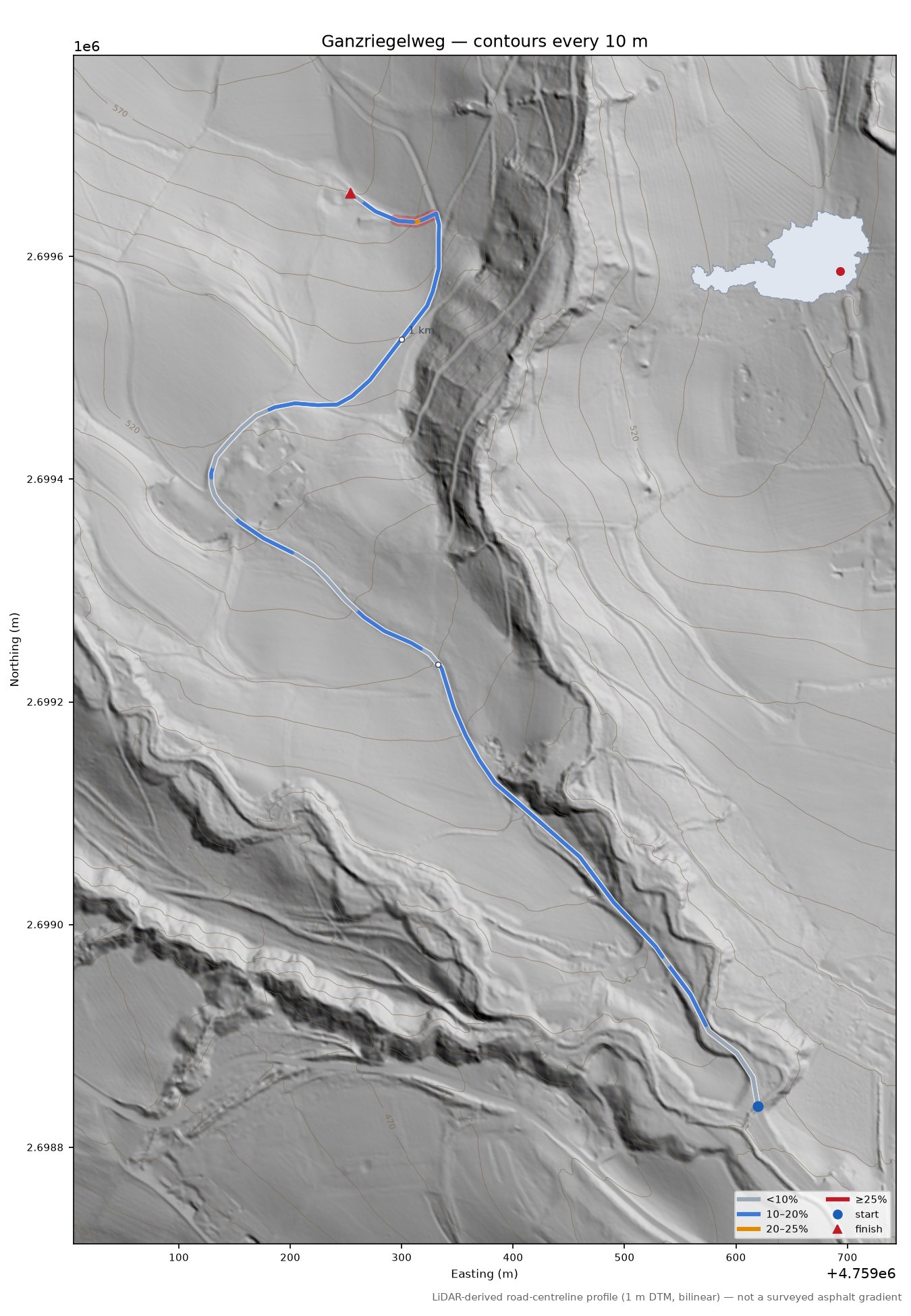 Ganzriegelweg LiDAR hillshade map with contours