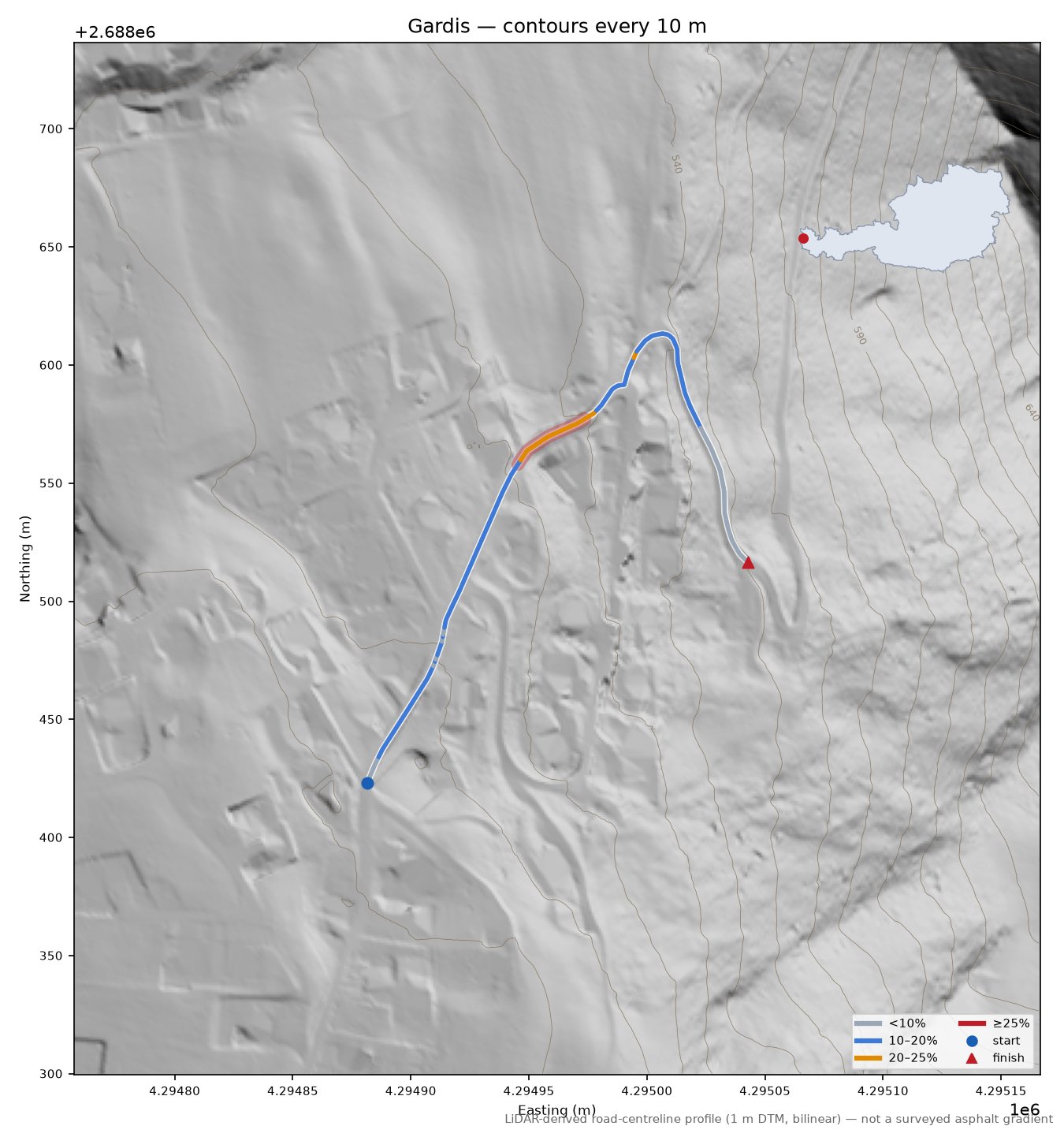 Gardis LiDAR hillshade map with contours