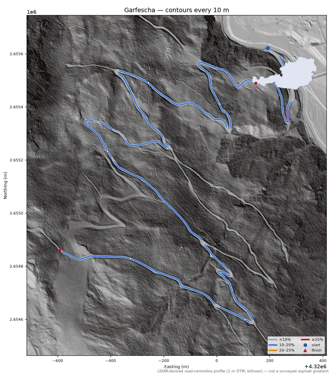 Garfescha LiDAR hillshade map with contours