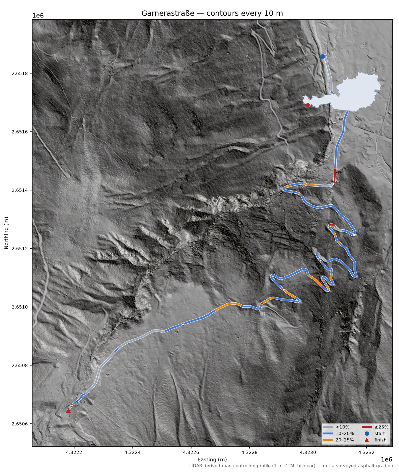Garnerastraße LiDAR hillshade map with contours