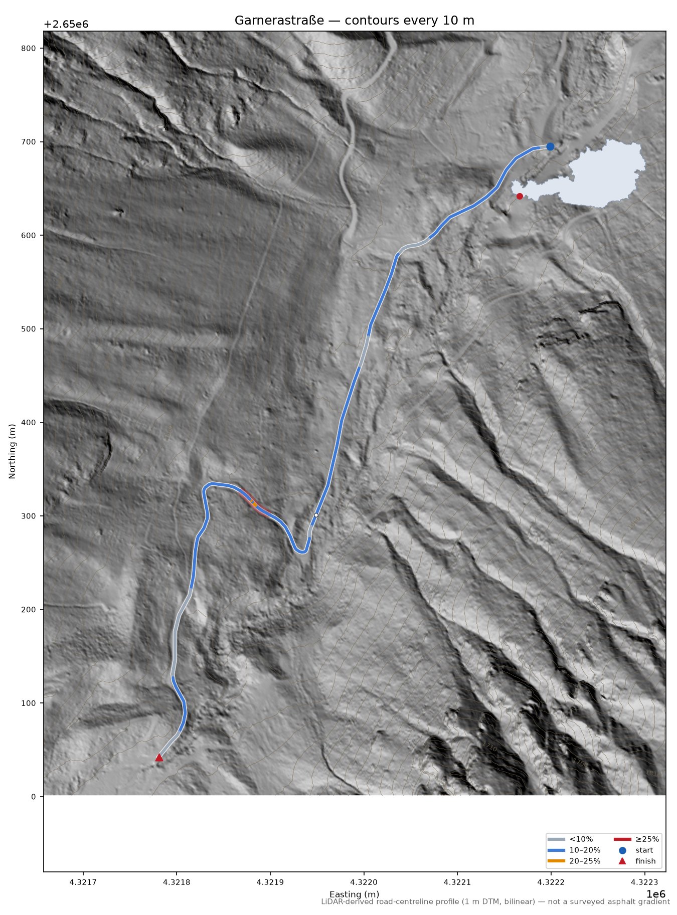 Garnerastraße LiDAR hillshade map with contours