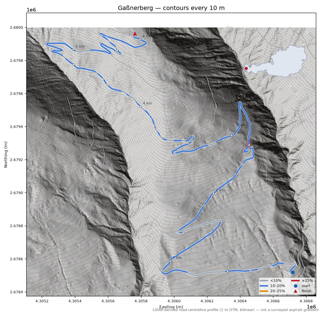 Gaßnerberg LiDAR hillshade map with contours