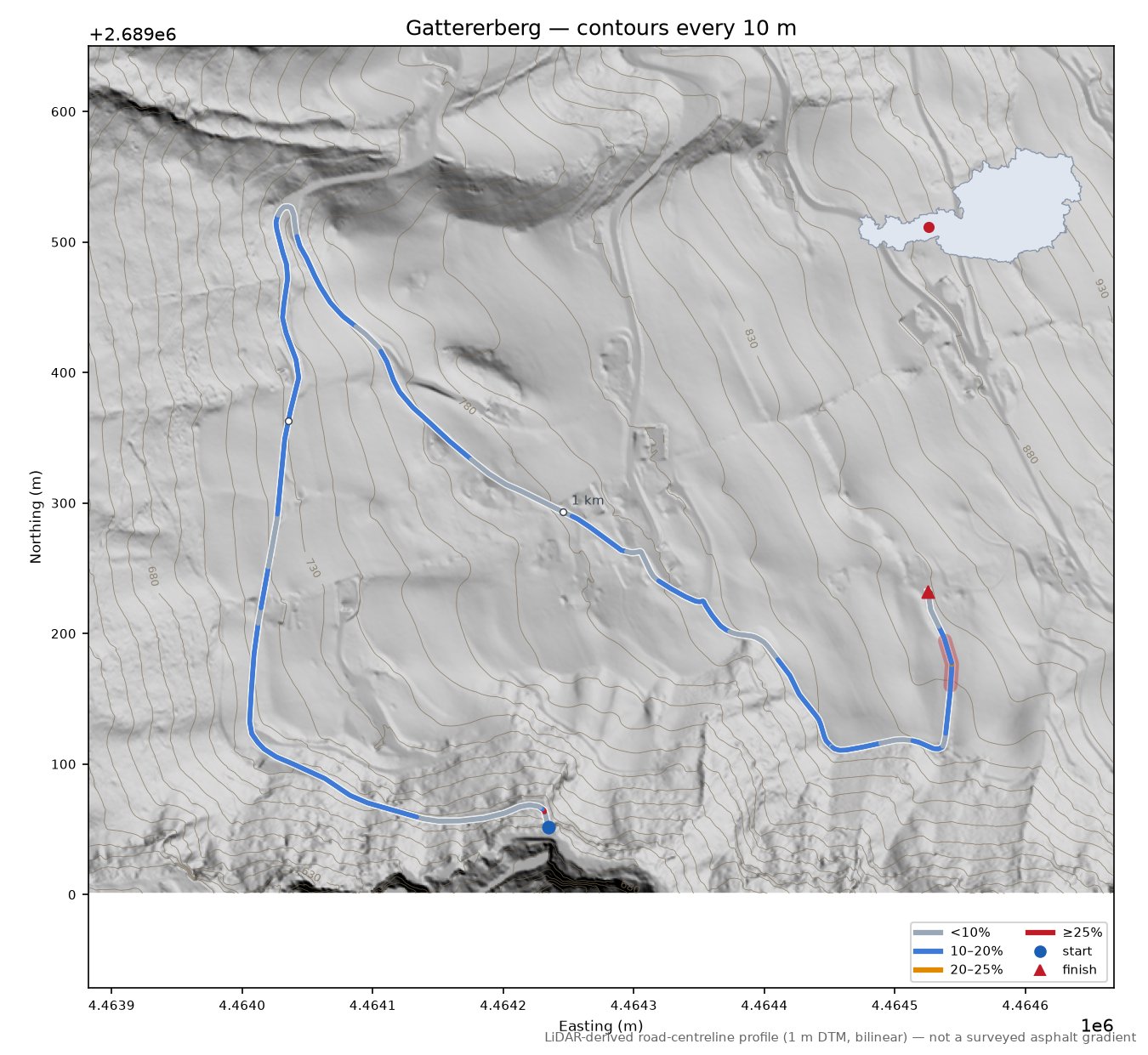 Gattererberg LiDAR hillshade map with contours
