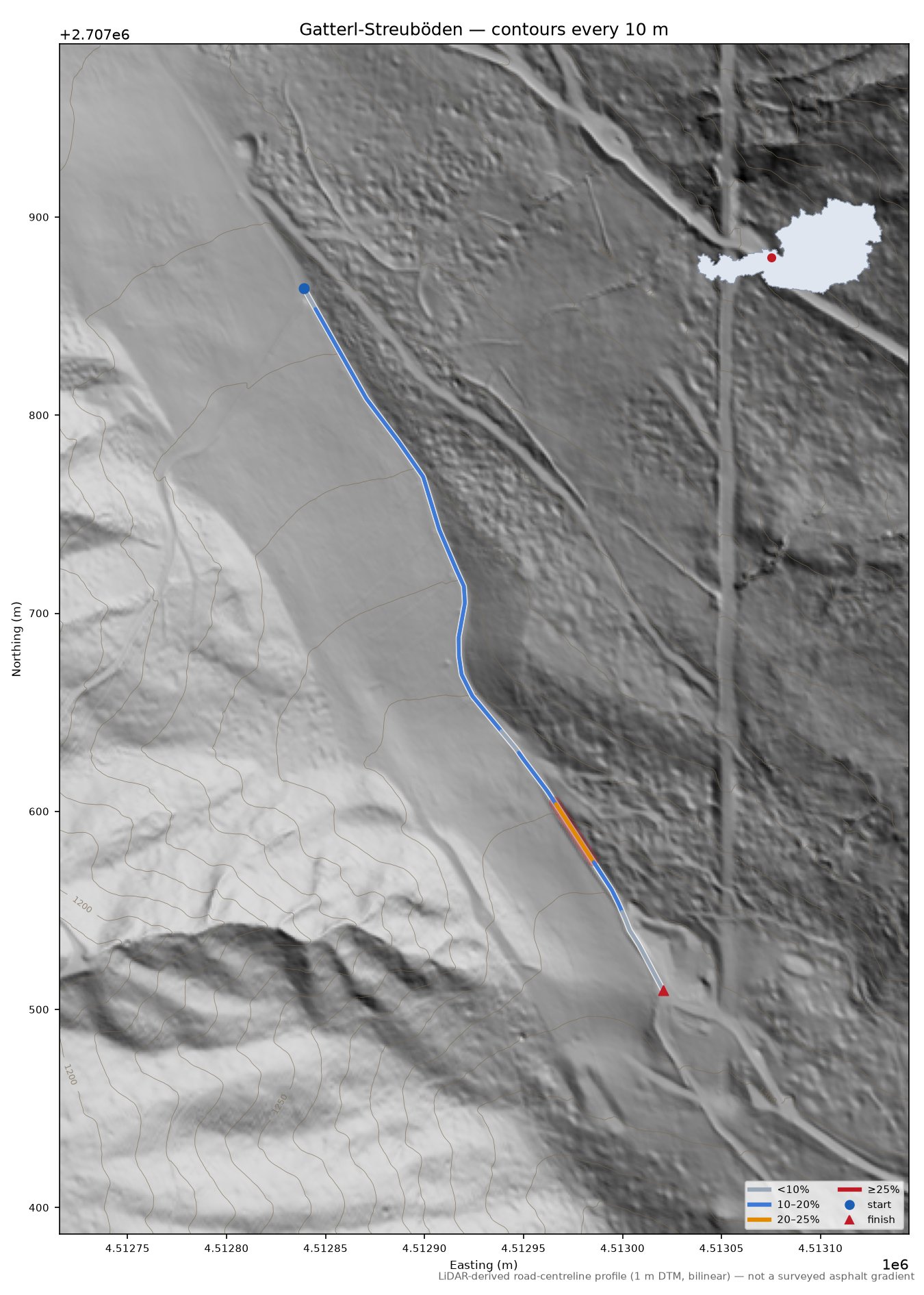 Gatterl-Streuböden LiDAR hillshade map with contours