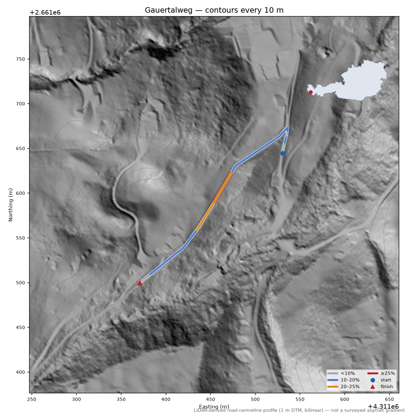 Gauertalweg LiDAR hillshade map with contours