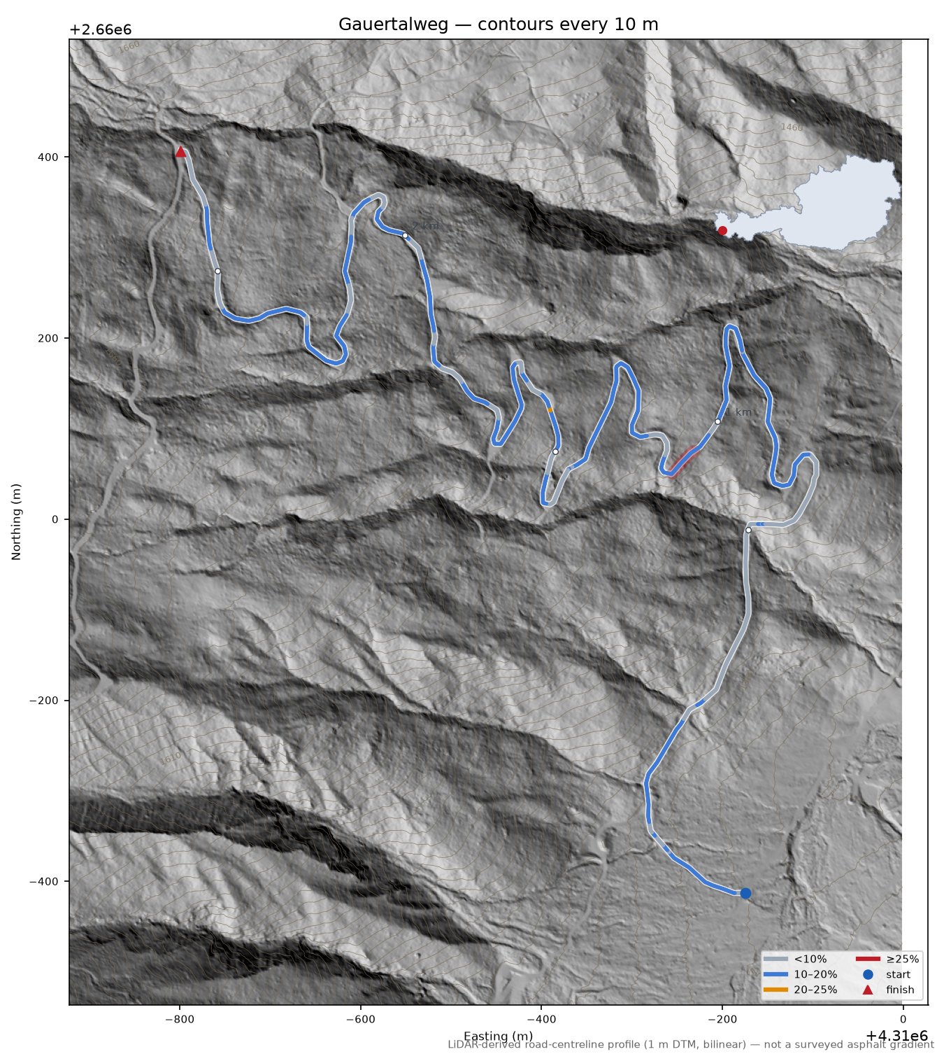 Gauertalweg LiDAR hillshade map with contours