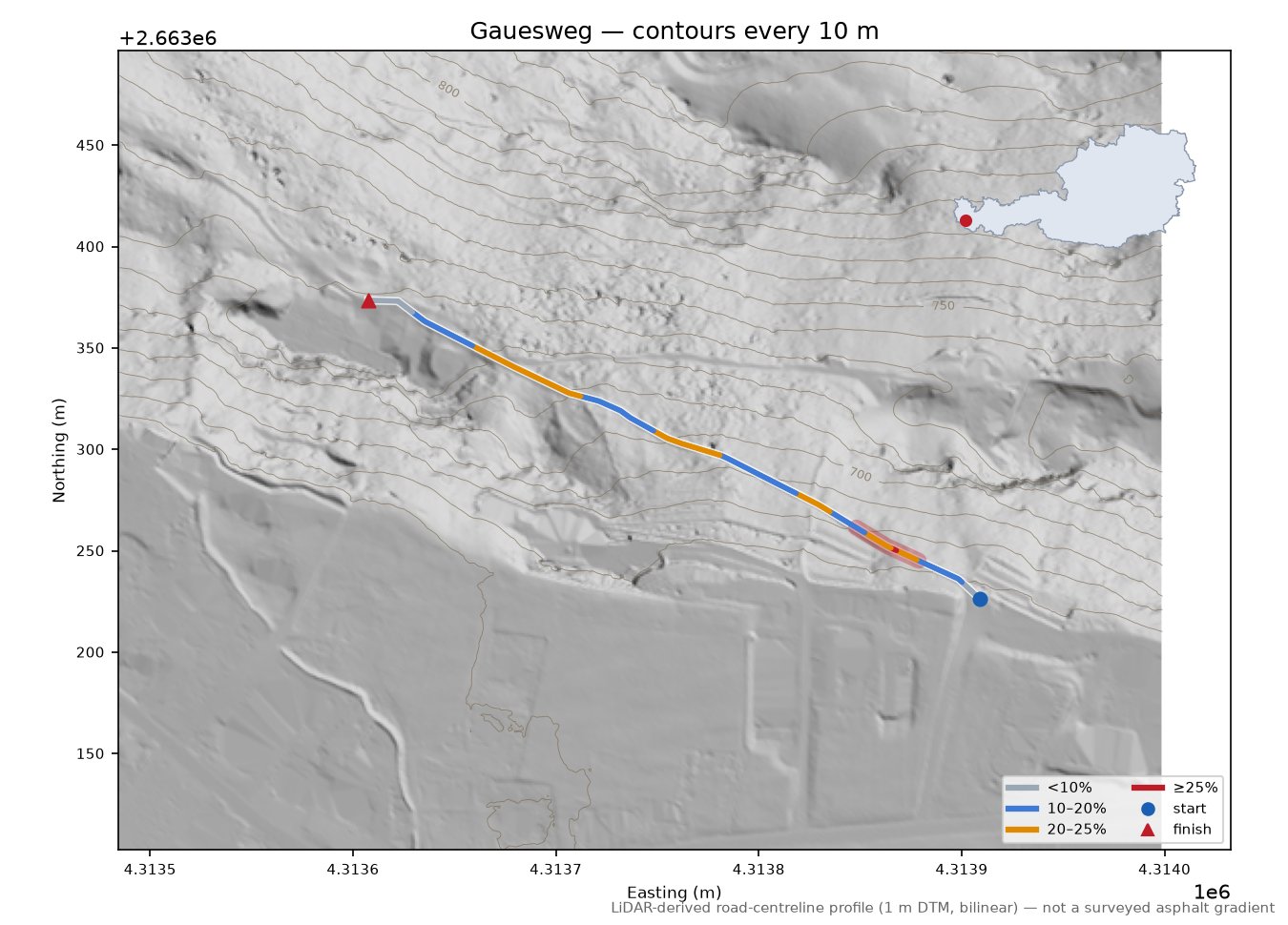 Gauesweg LiDAR hillshade map with contours
