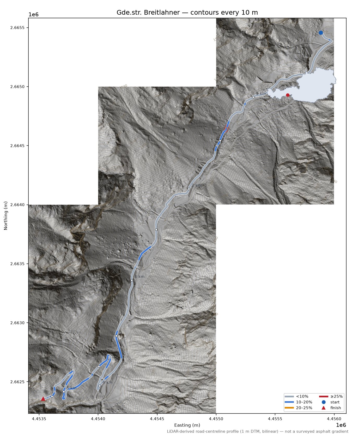 Gde.str. Breitlahner LiDAR hillshade map with contours