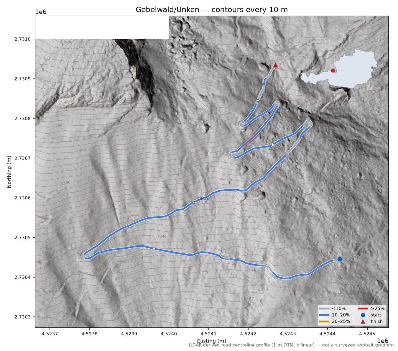 Gebelwald/Unken LiDAR hillshade map with contours