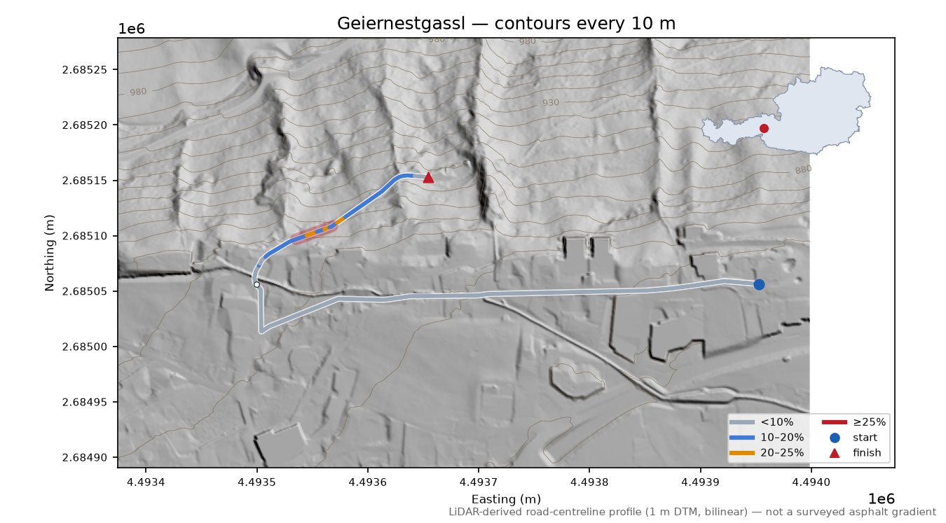Geiernestgassl LiDAR hillshade map with contours