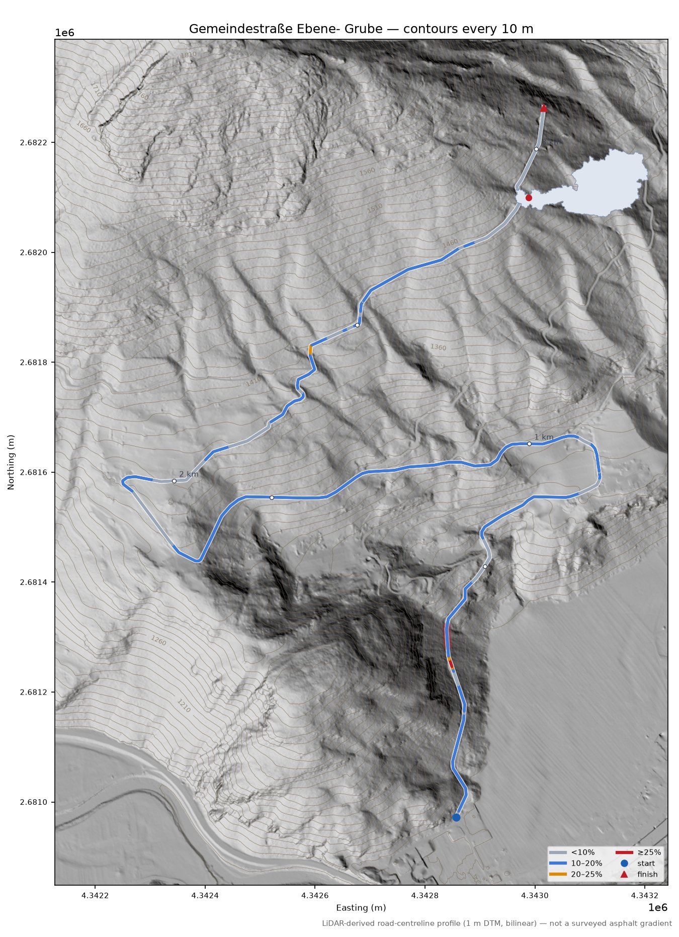 Gemeindestraße Ebene- Grube LiDAR hillshade map with contours