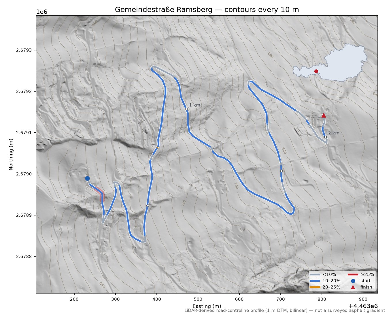 Gemeindestraße Ramsberg LiDAR hillshade map with contours
