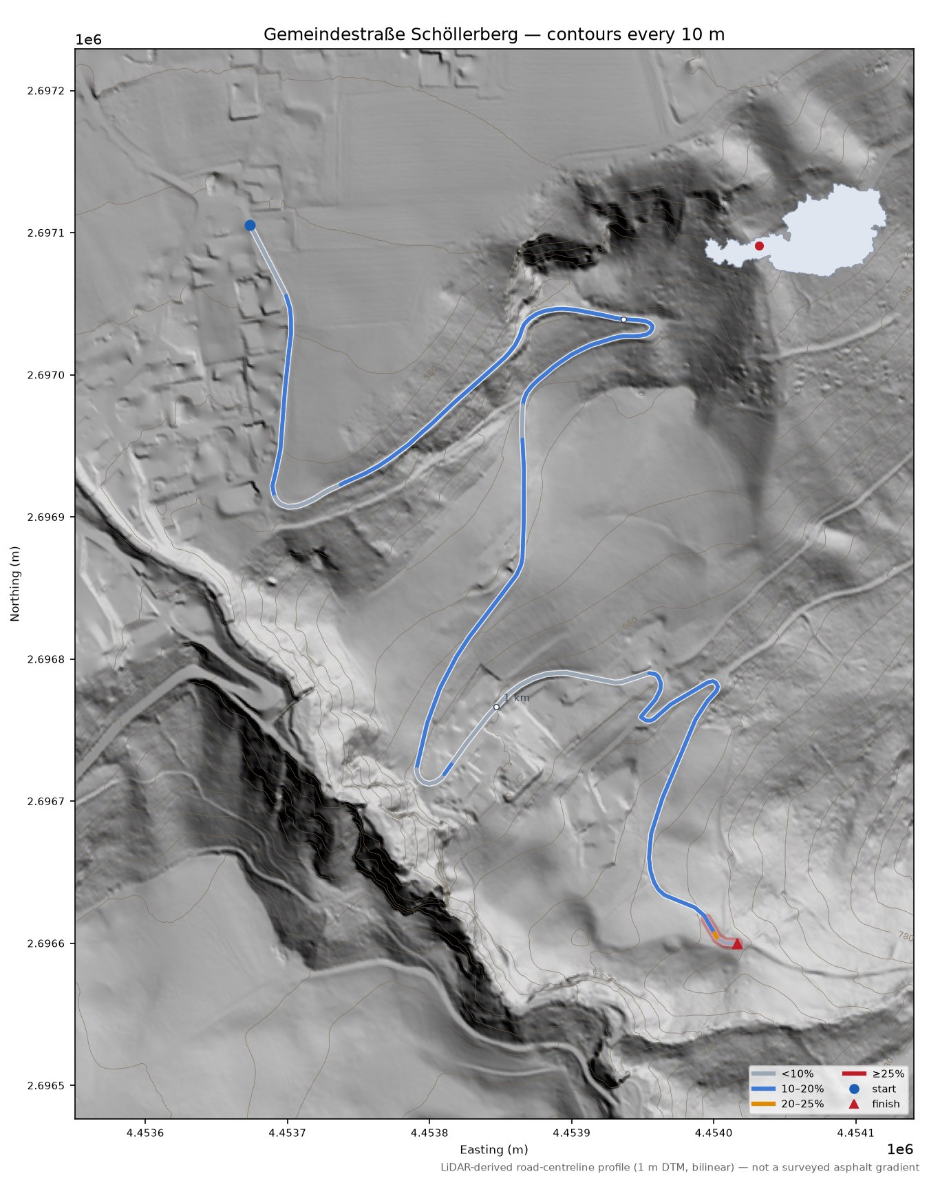 Gemeindestraße Schöllerberg LiDAR hillshade map with contours