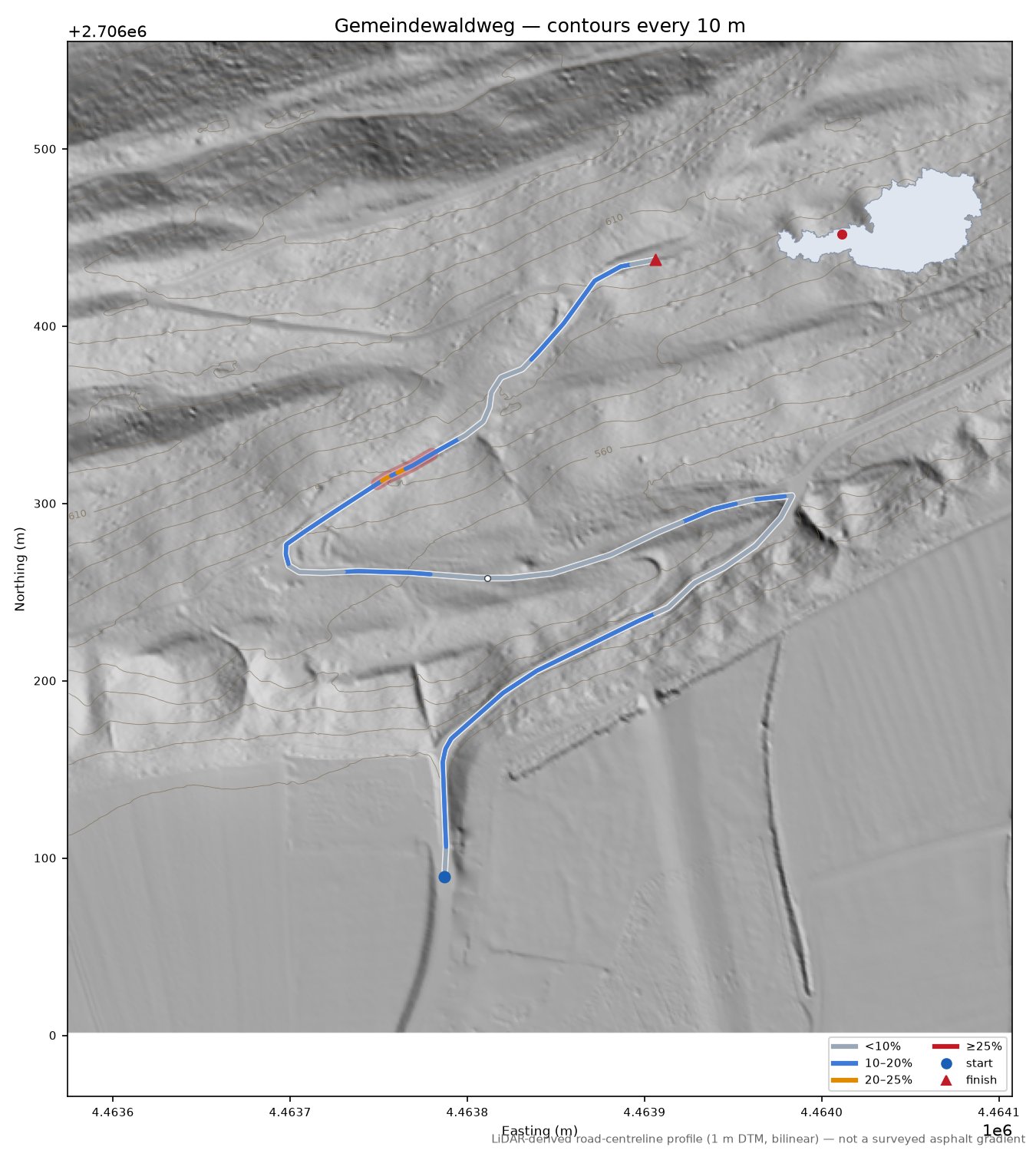 Gemeindewaldweg LiDAR hillshade map with contours