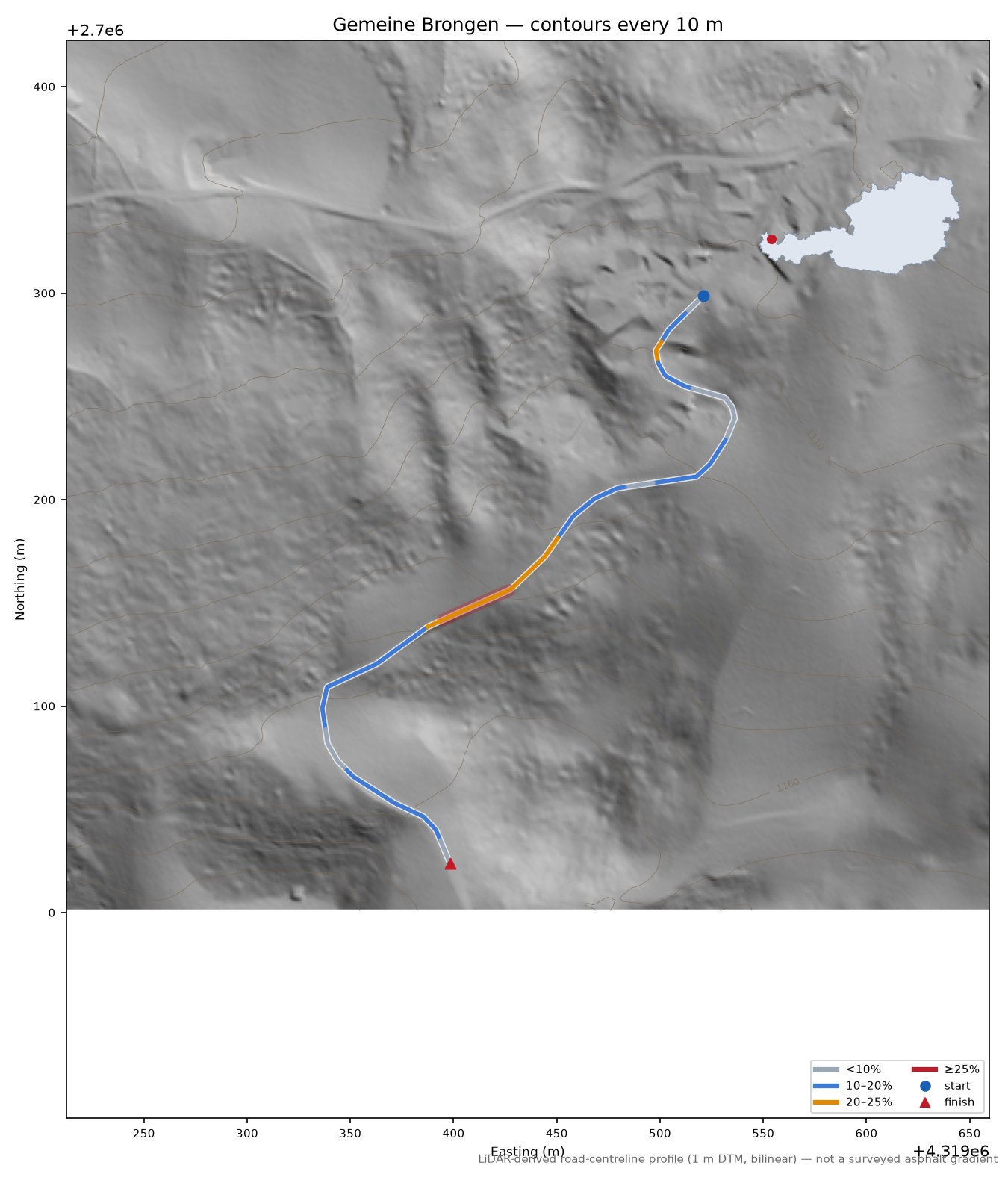 Gemeine Brongen LiDAR hillshade map with contours