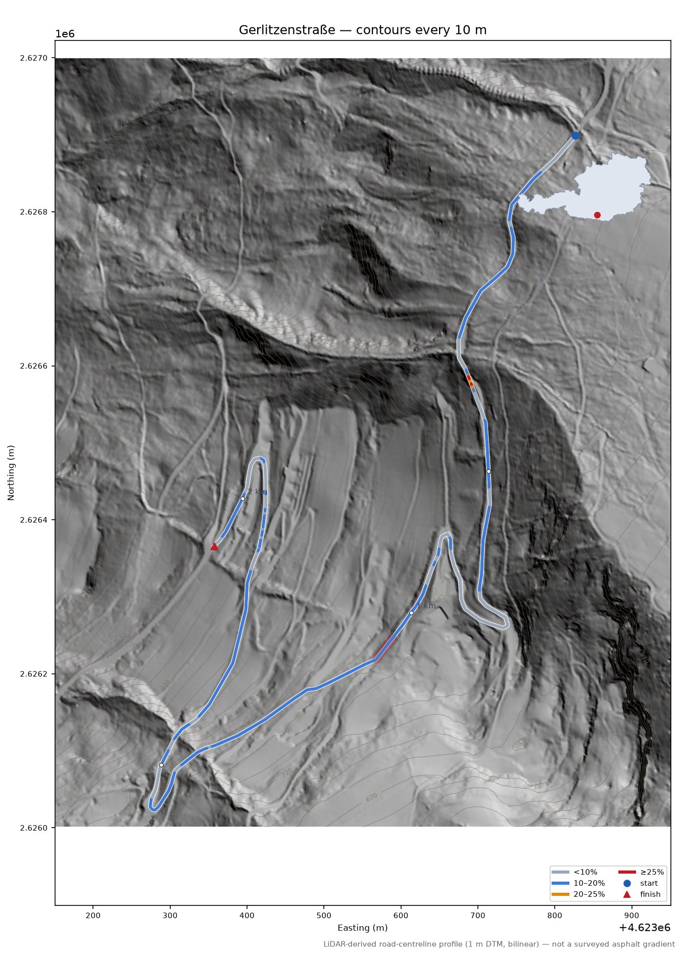 Gerlitzenstraße LiDAR hillshade map with contours