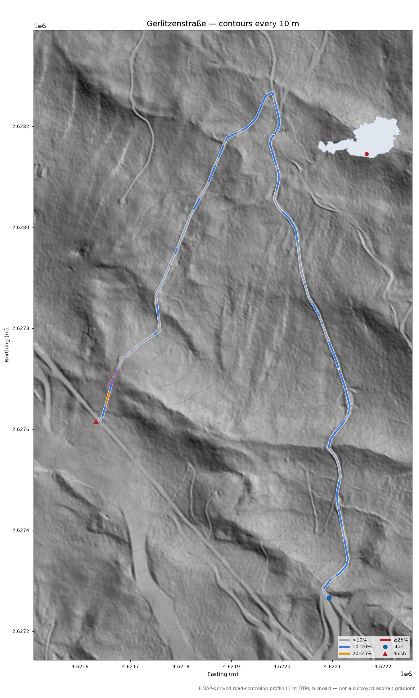 Gerlitzenstraße LiDAR hillshade map with contours