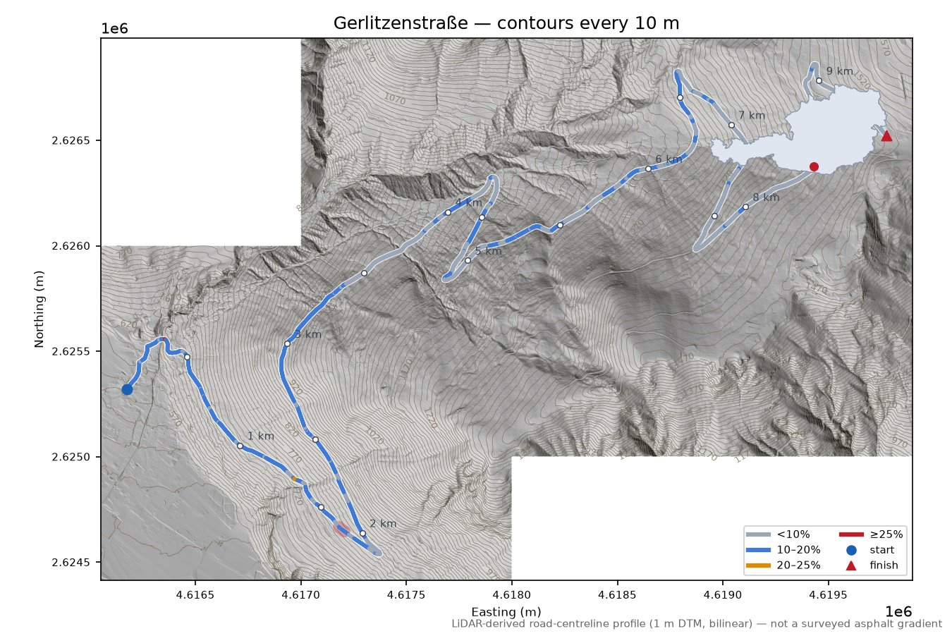 Gerlitzenstraße LiDAR hillshade map with contours