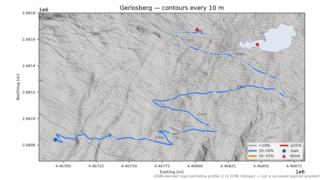 Gerlosberg LiDAR hillshade map with contours