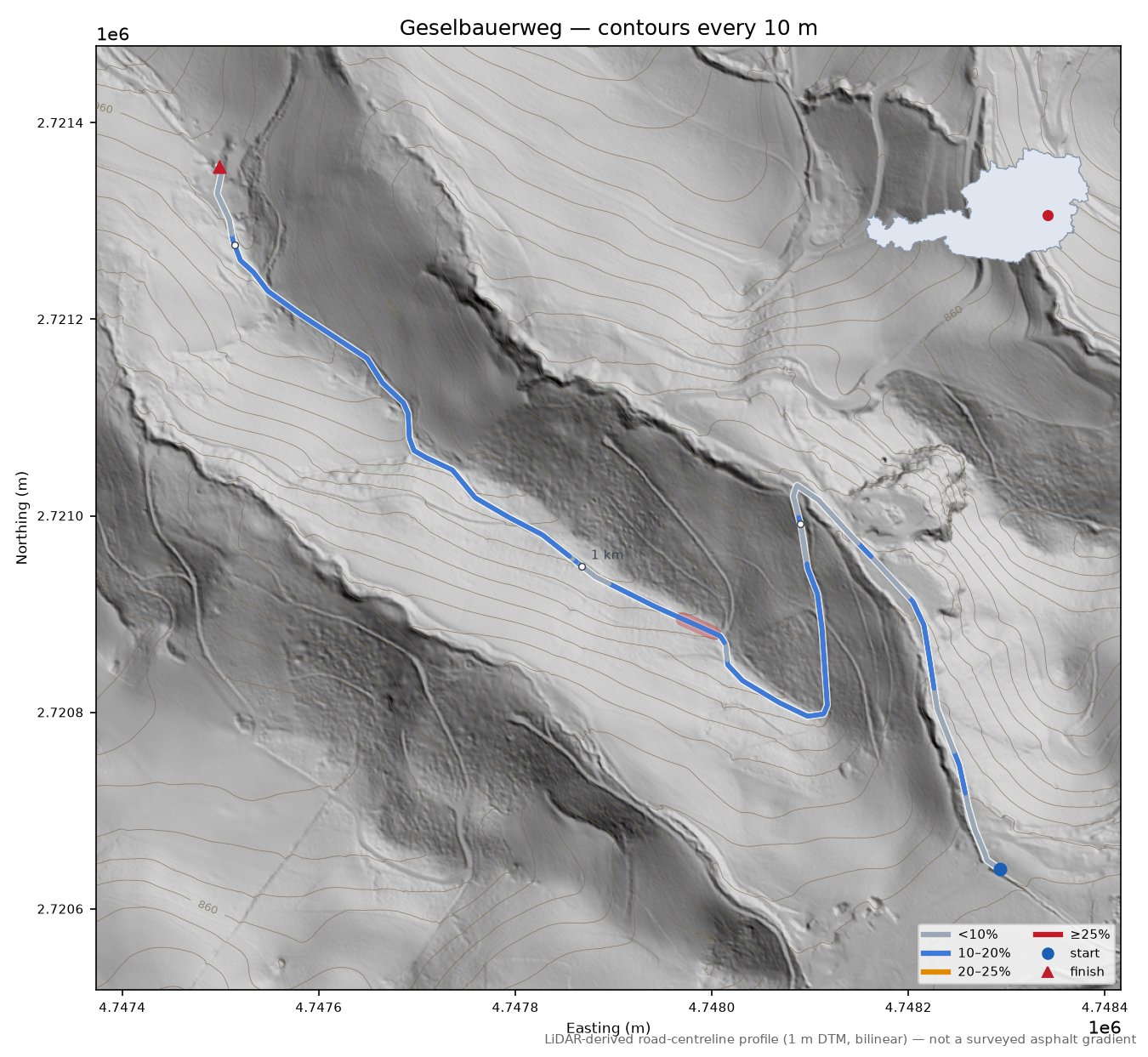 Geselbauerweg LiDAR hillshade map with contours
