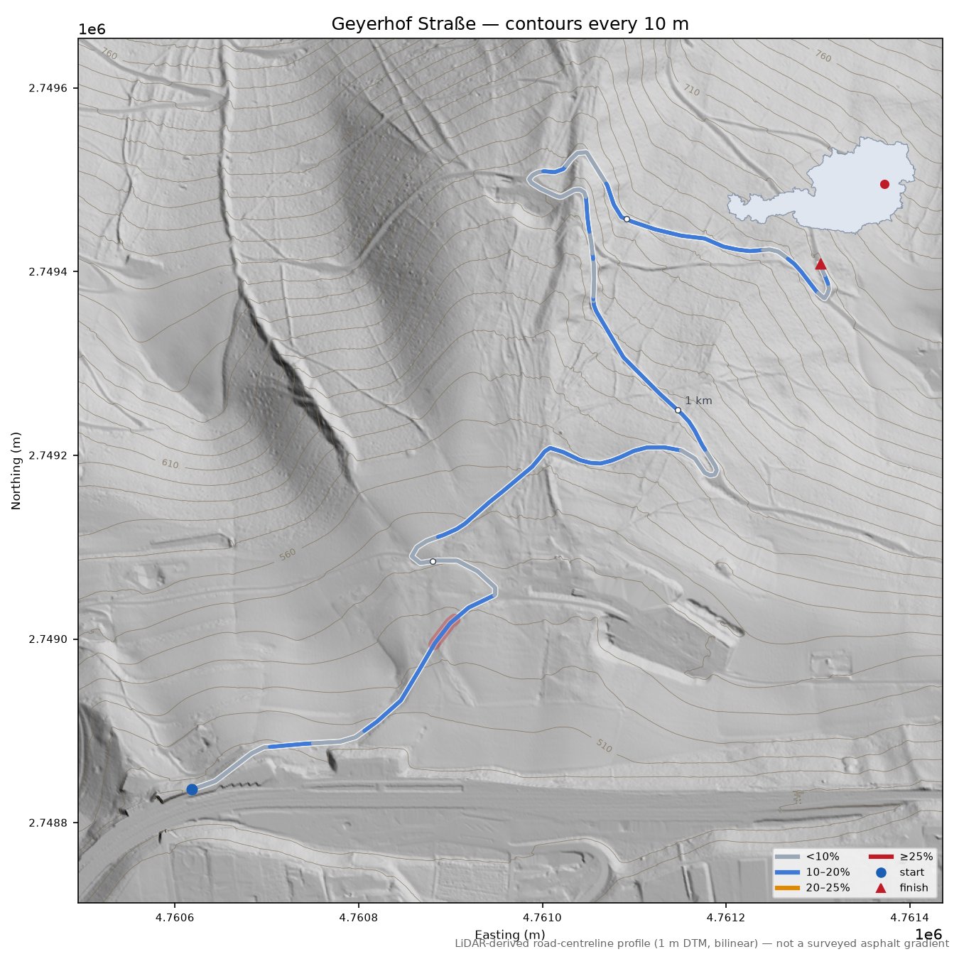 Geyerhof Straße LiDAR hillshade map with contours