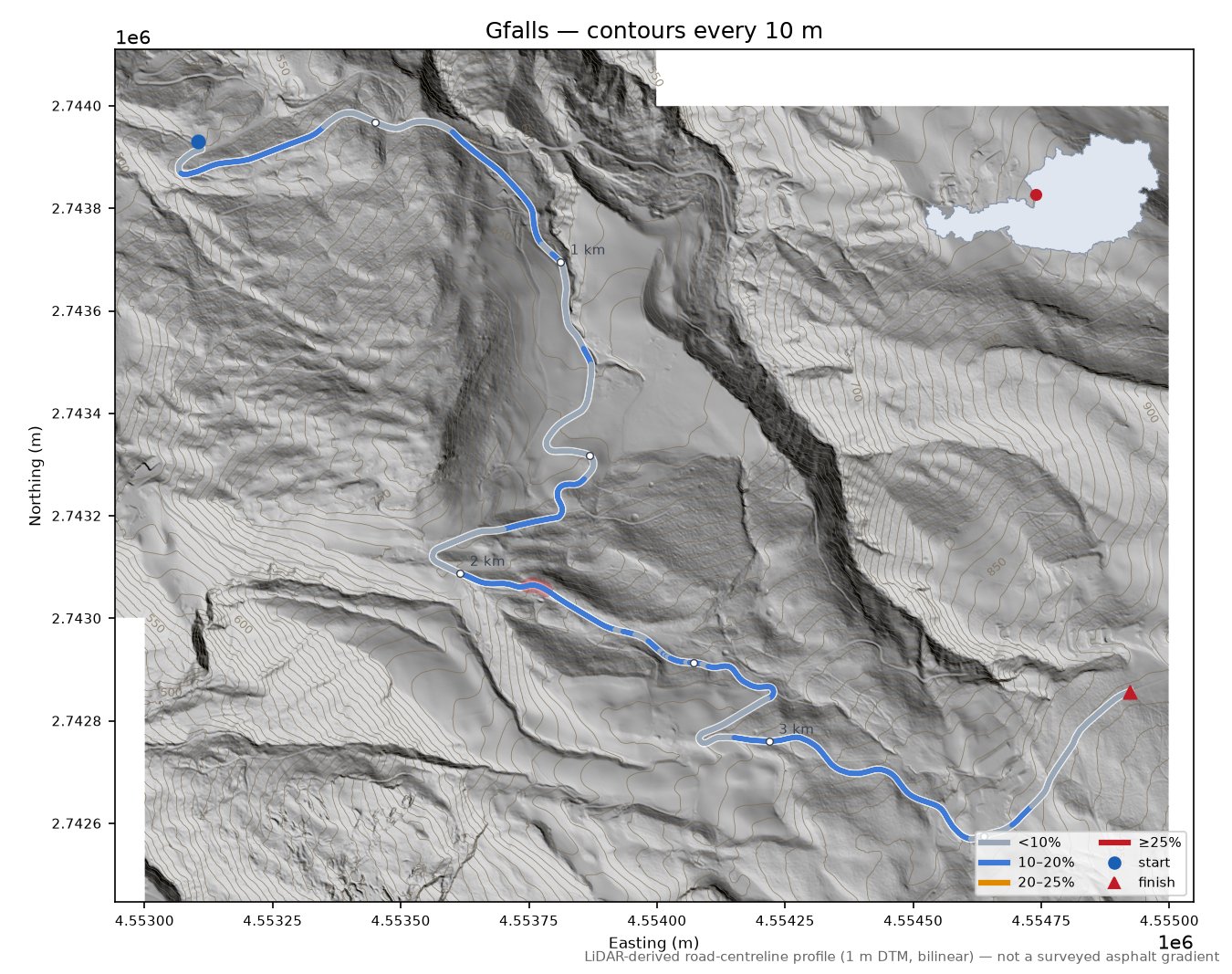 Gfalls LiDAR hillshade map with contours