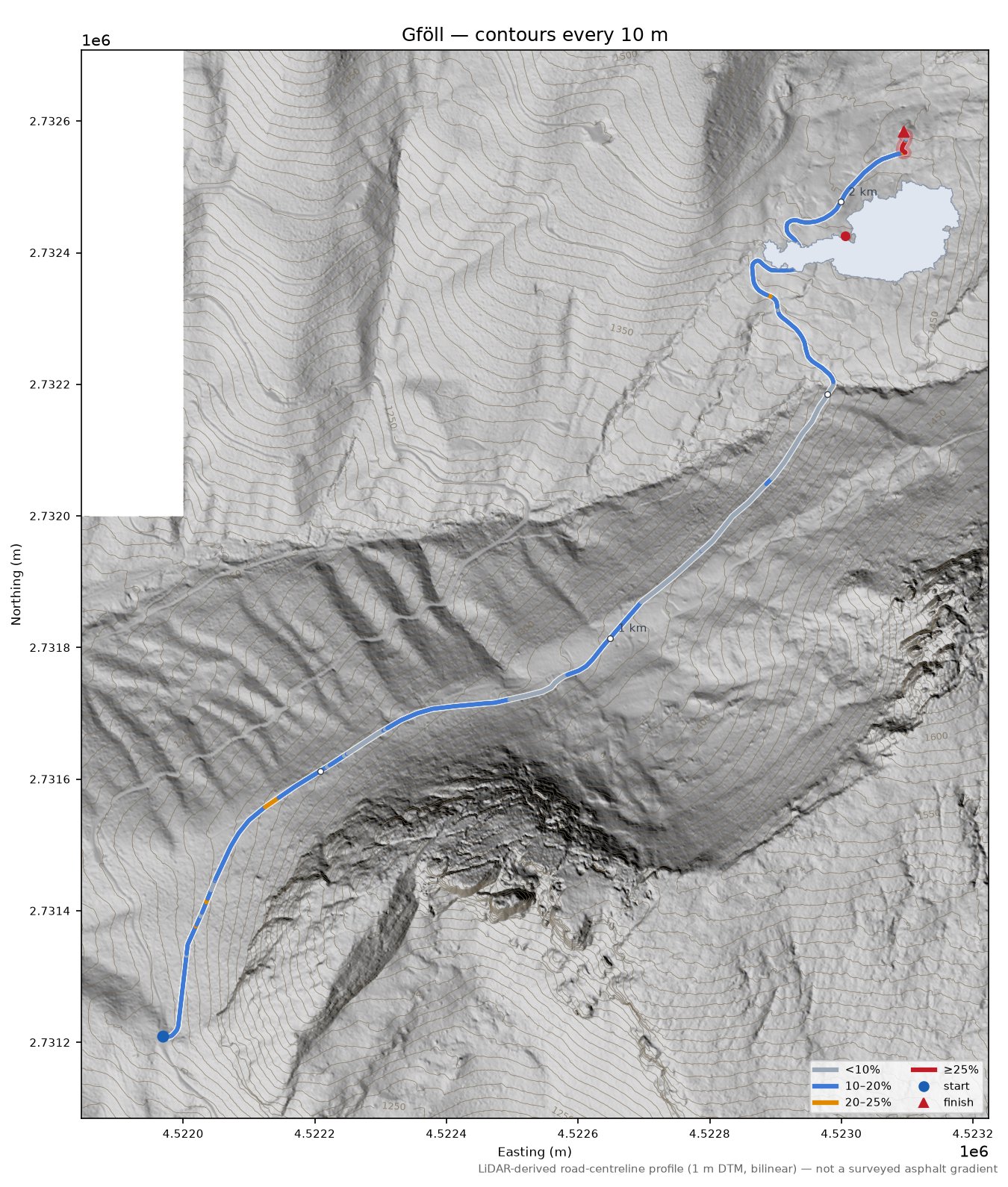 Gföll LiDAR hillshade map with contours