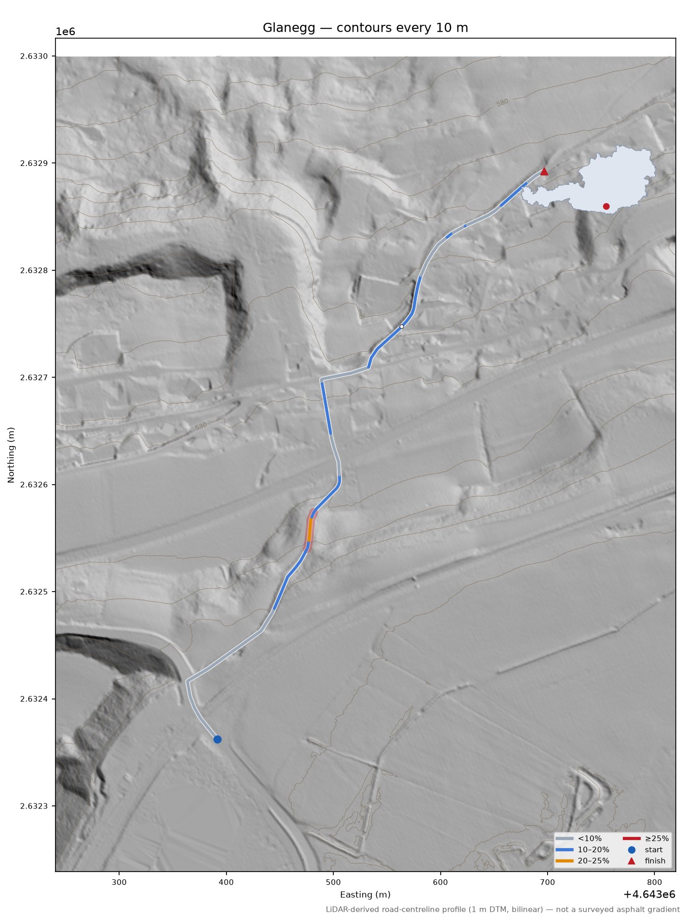 Glanegg LiDAR hillshade map with contours