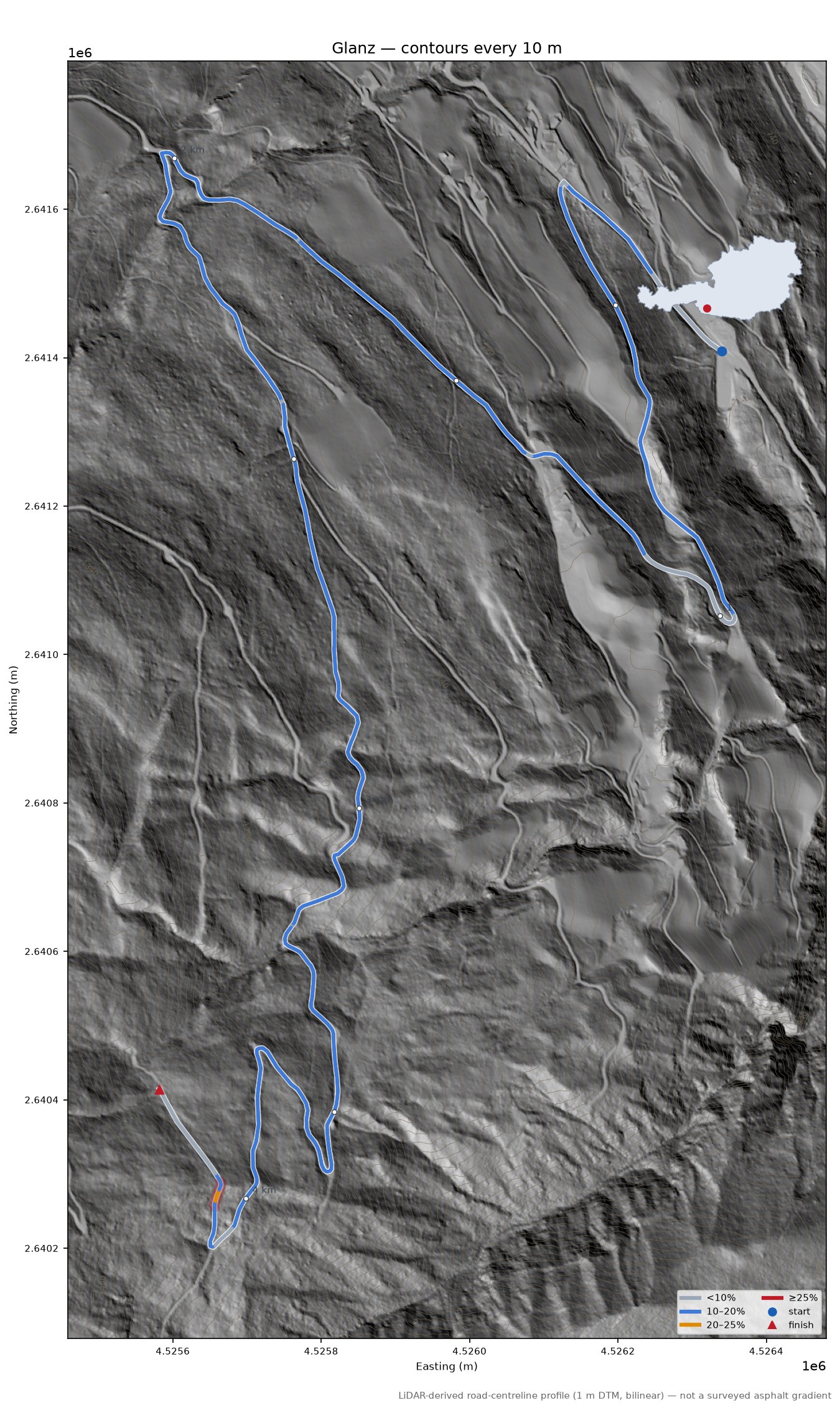 Glanz LiDAR hillshade map with contours
