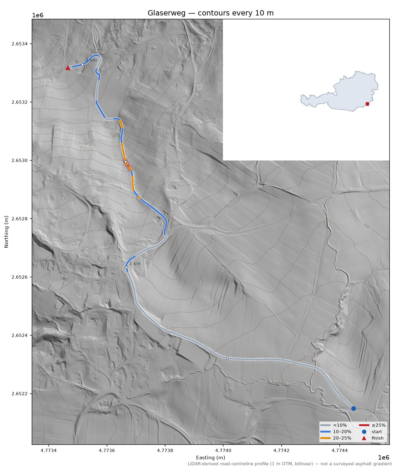 Glaserweg LiDAR hillshade map with contours